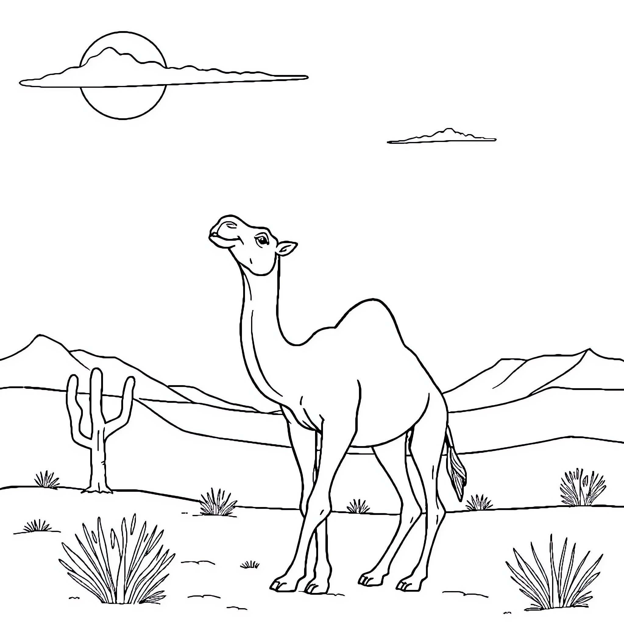 Camel walking through desert landscape Coloring Page (free black-and-white line drawing printable PDF for all, from beginners to advanced learners, including children, teens, adults, and seniors)