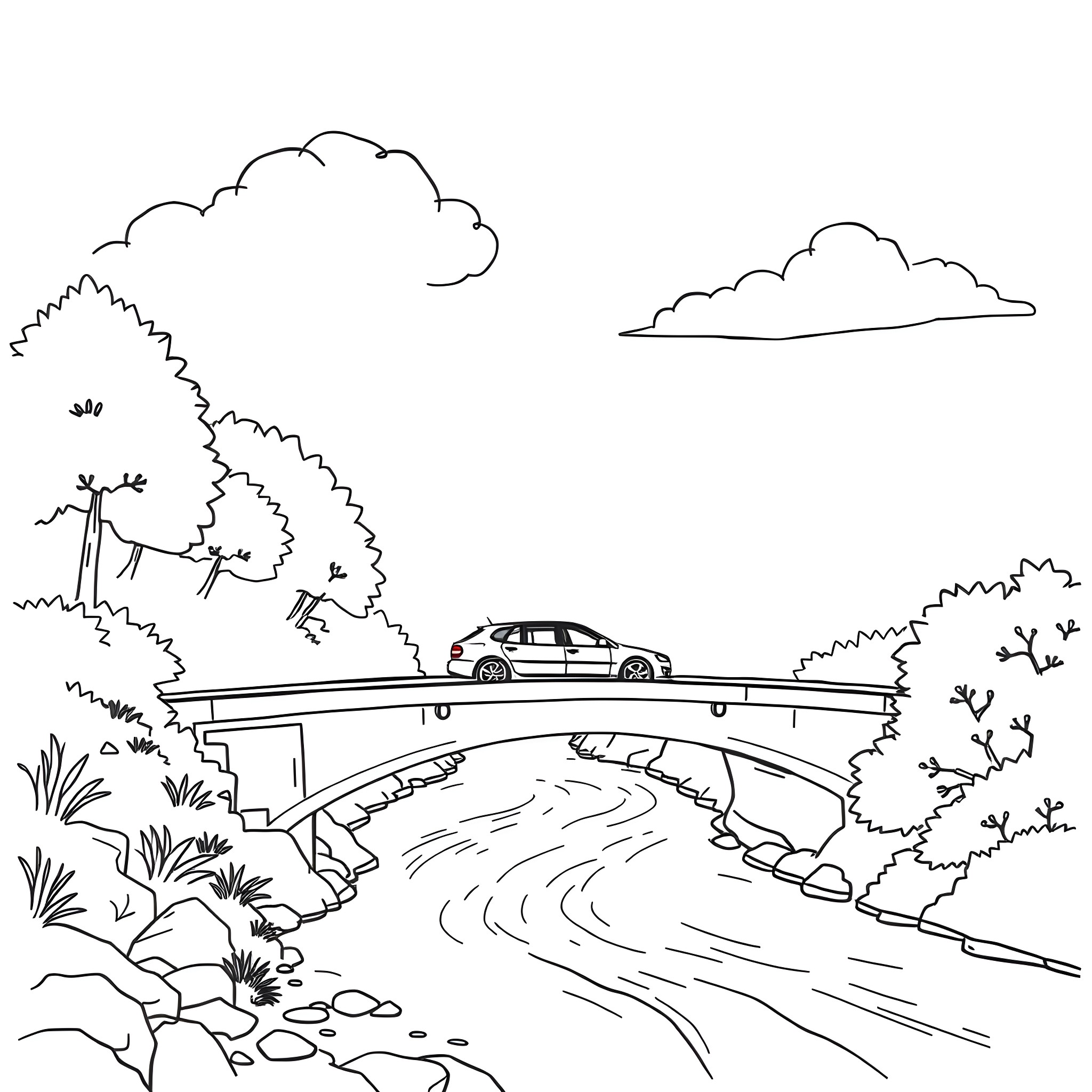 Car driving over a bridge in a natural landscape Coloring Page (free black-and-white line drawing printable PDF for all, from beginners to advanced learners, including children, teens, adults, and seniors)