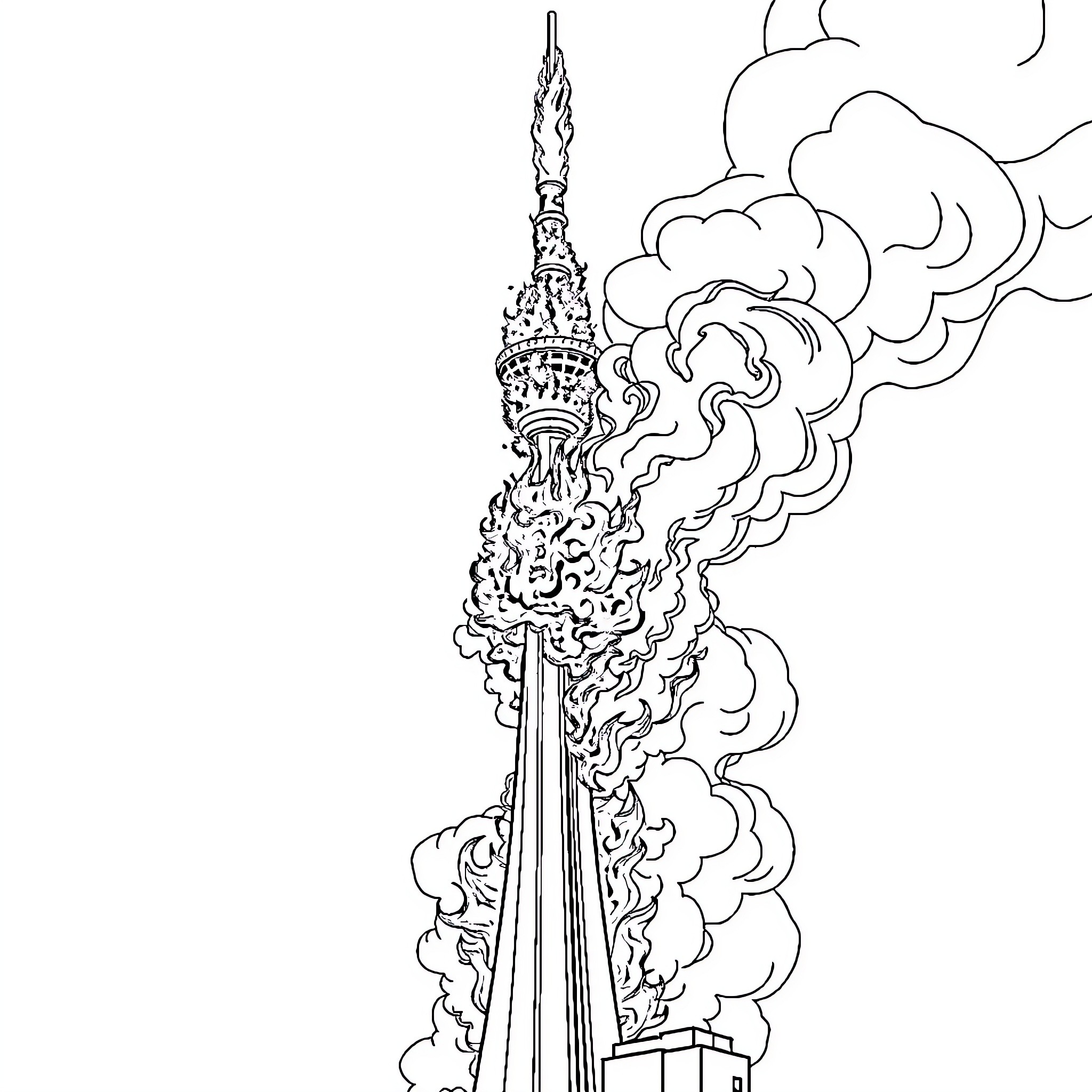 Sky Tower emitting dramatic smoke plumes Coloring Page (free black-and-white line drawing printable PDF for all, from beginners to advanced learners, including children, teens, adults, and seniors)