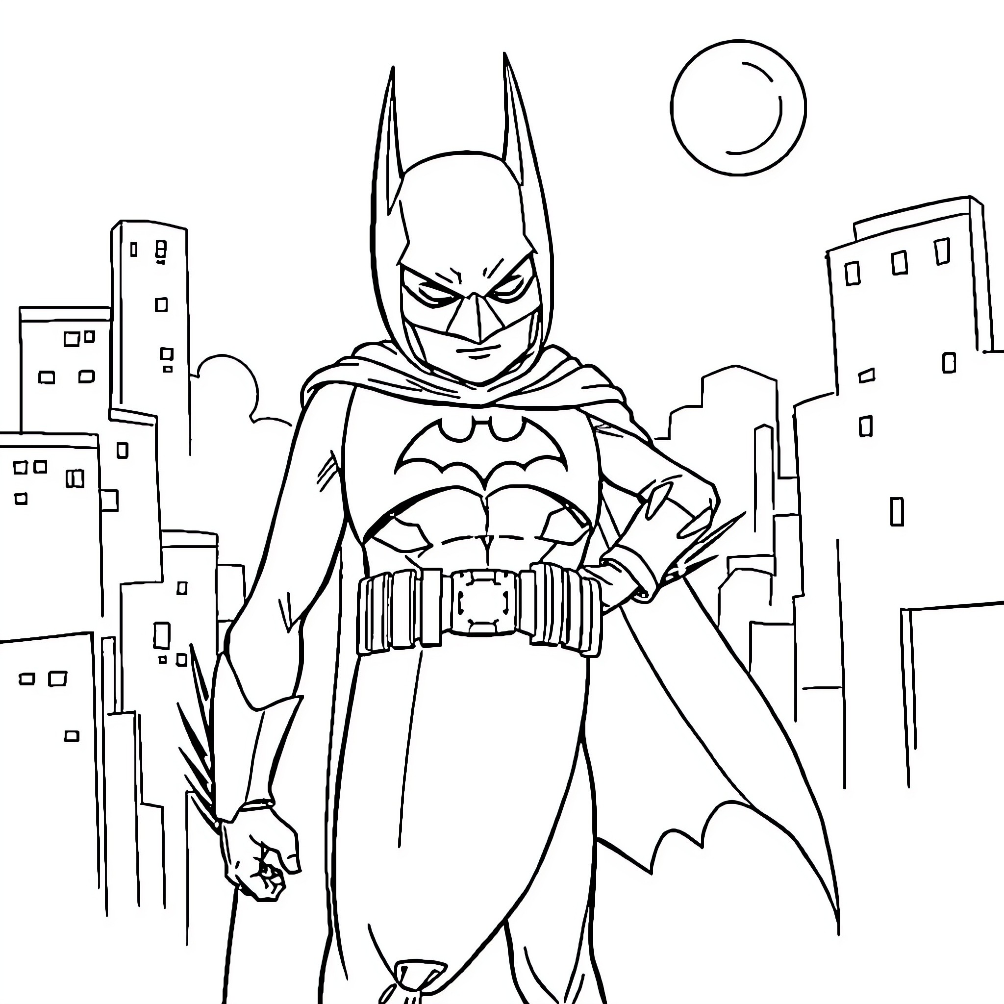 Batman Overlooking the City at Night Coloring Page (free black-and-white line drawing printable PDF for all, from beginners to advanced learners, including children, teens, adults, and seniors)