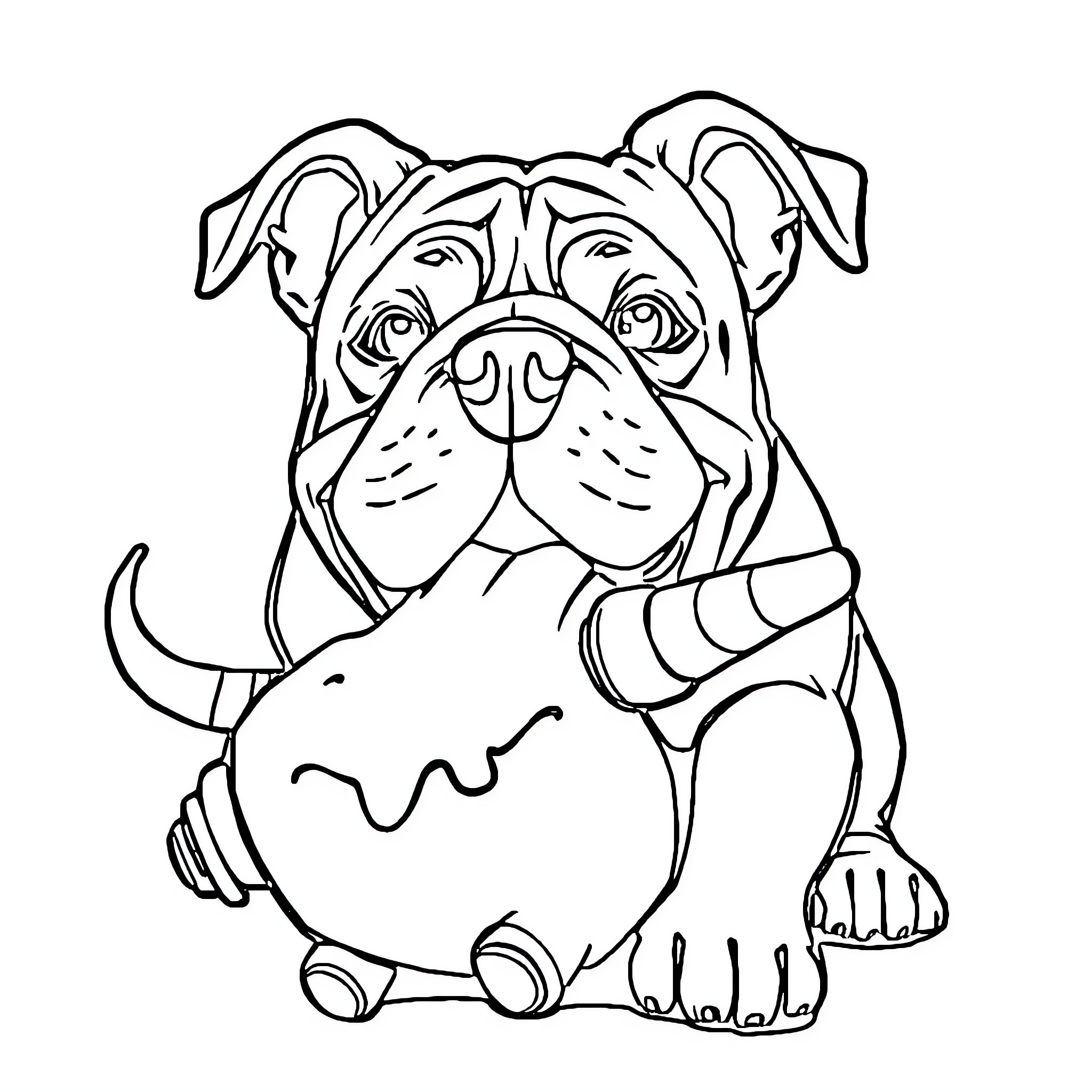 Bulldog sitting and holding a ball Coloring Page (free black-and-white line drawing printable PDF for all, from beginners to advanced learners, including children, teens, adults, and seniors)