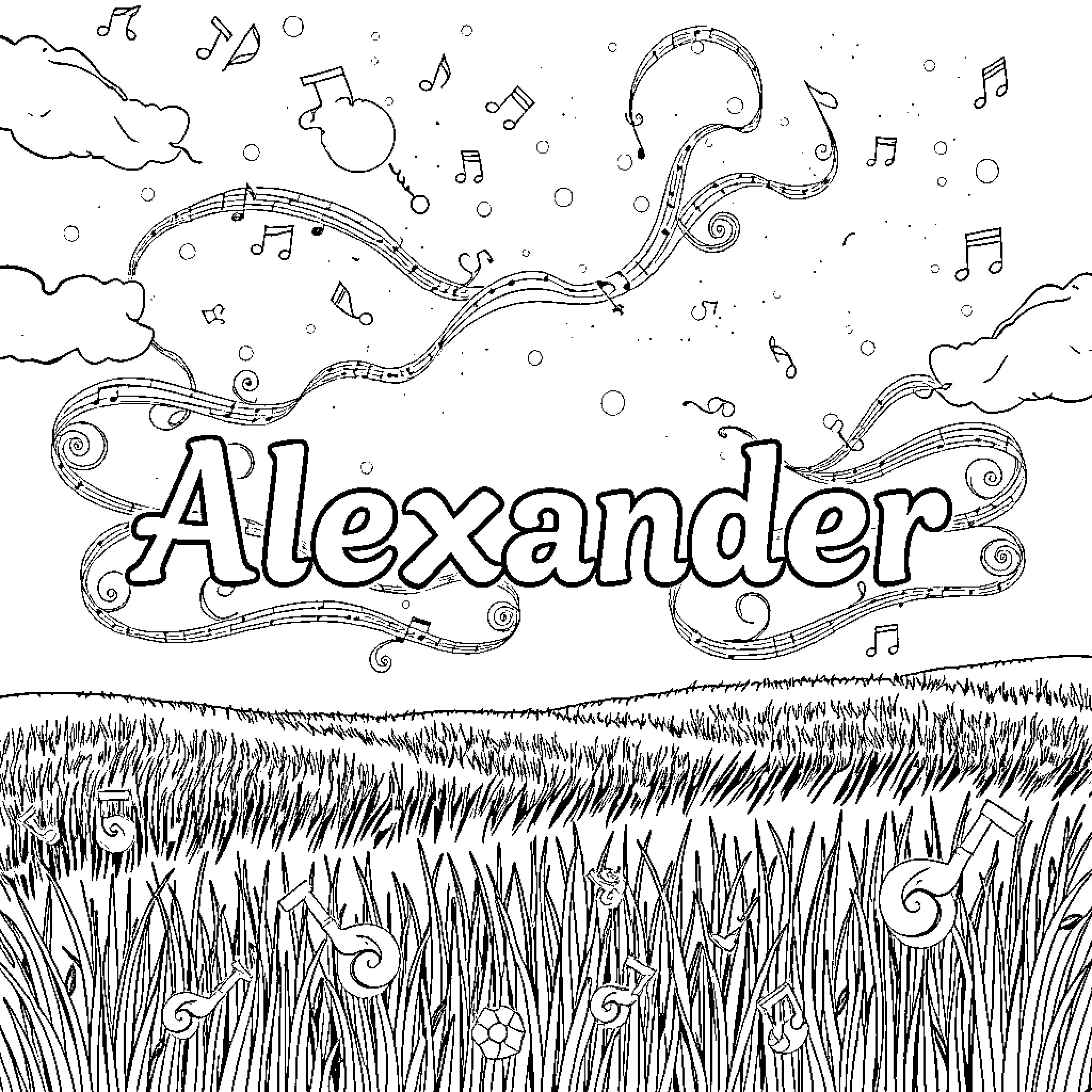 Alexander's Whimsical Musical Adventure Coloring Page (free black-and-white line drawing printable PDF for all, from beginners to advanced learners, including children, teens, adults, and seniors)