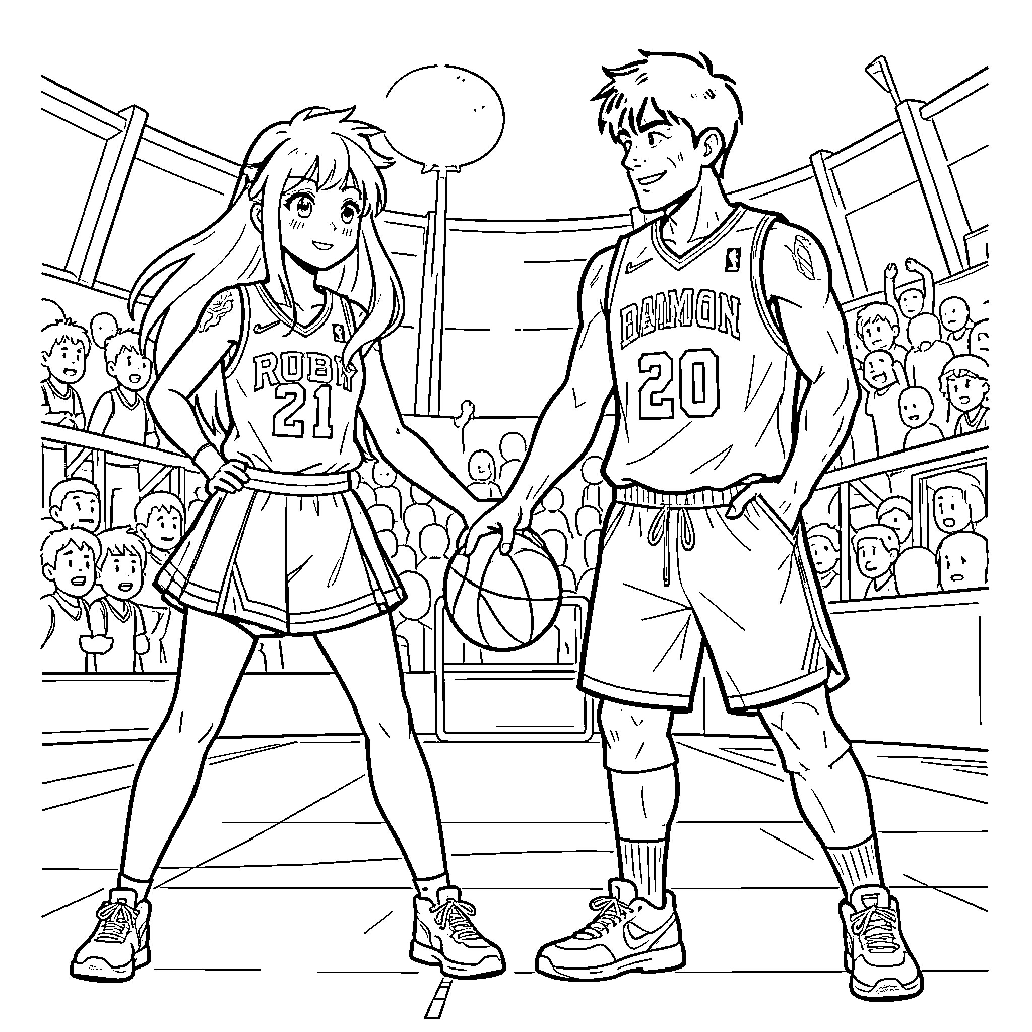 Ruby and athlete smiling together on a basketball court Coloring Page (free black-and-white line drawing printable PDF for all, from beginners to advanced learners, including children, teens, adults, and seniors)