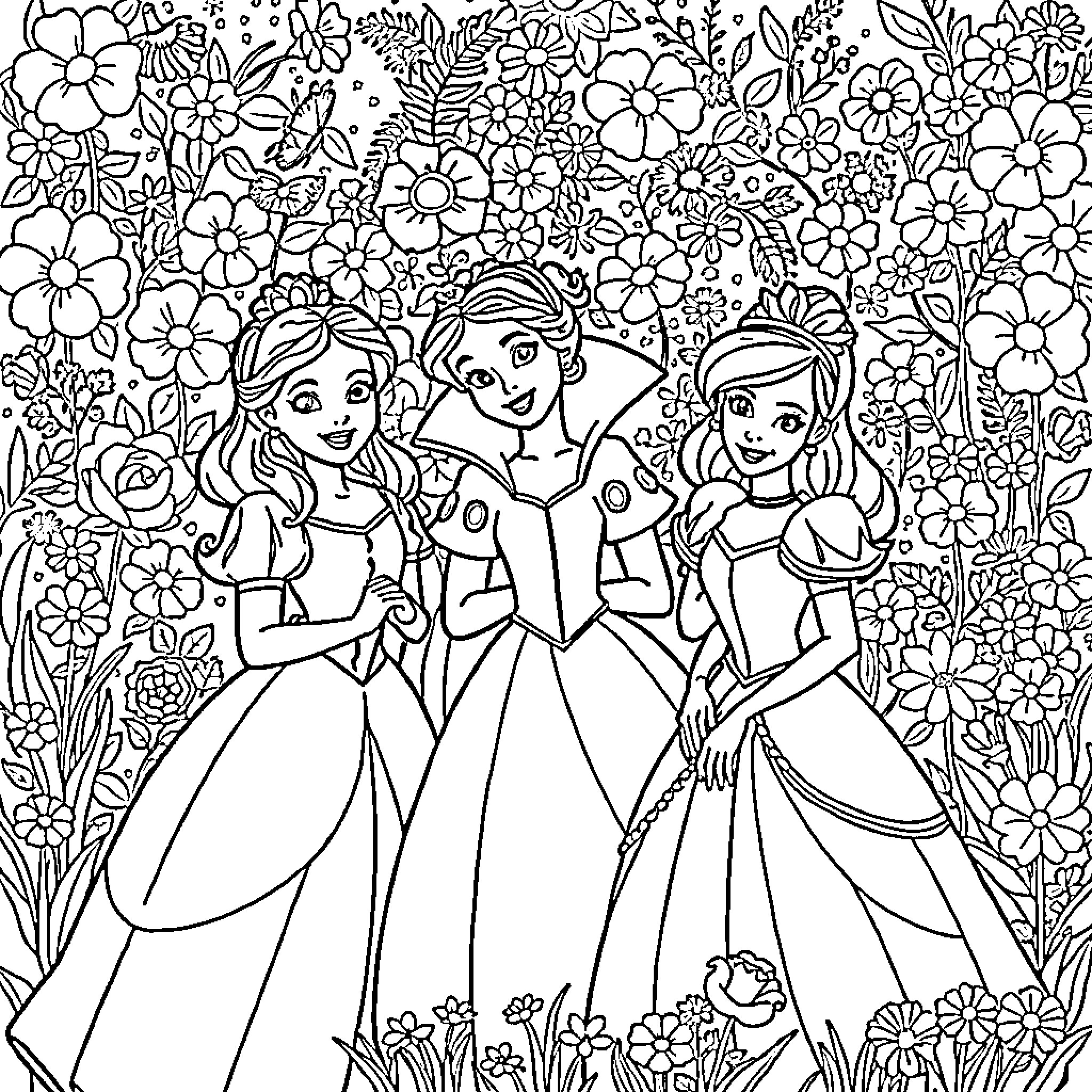 Princess Trio Among Vibrant Floral Garden Coloring Page (free black-and-white line drawing printable PDF for all, from beginners to advanced learners, including children, teens, adults, and seniors)