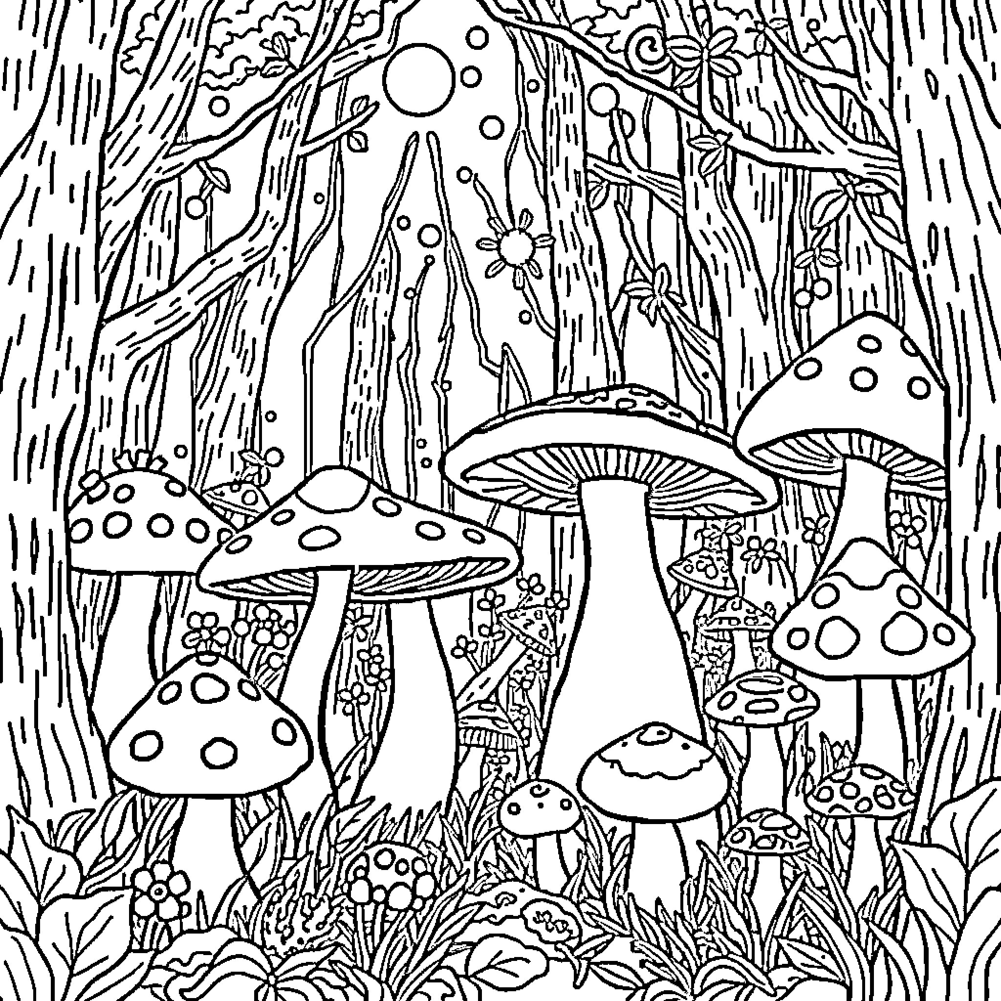 Mushroom Fantasy Forest Coloring Page (free black-and-white line drawing printable PDF for all, from beginners to advanced learners, including children, teens, adults, and seniors)