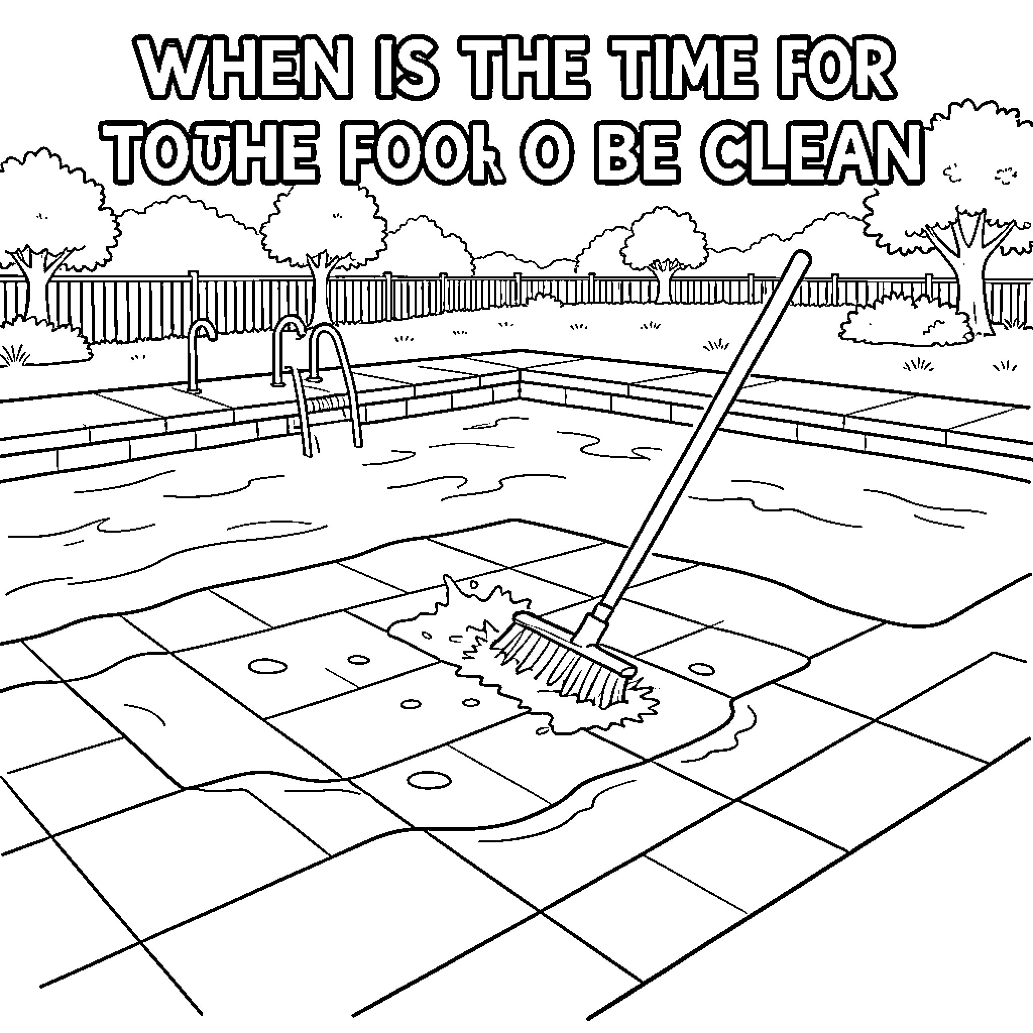 Pool being cleaned with a long brush tool Coloring Page (free black-and-white line drawing printable PDF for all, from beginners to advanced learners, including children, teens, adults, and seniors)