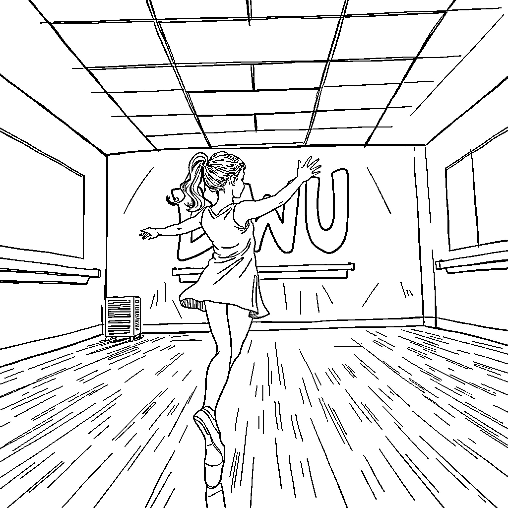 Girl dancing energetically on stage Coloring Page (free black-and-white line drawing printable PDF for all, from beginners to advanced learners, including children, teens, adults, and seniors)