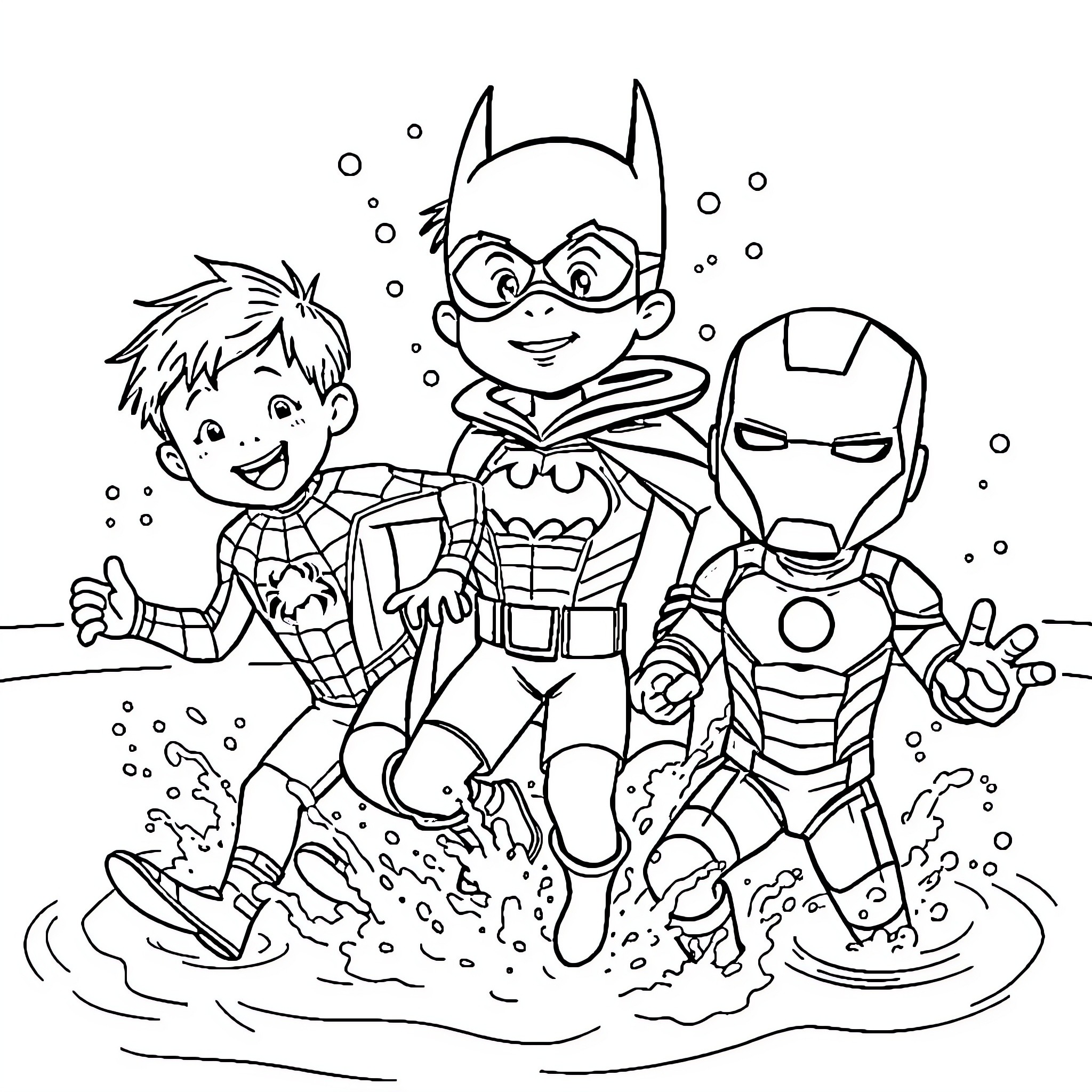Kid Superheroes Enjoying Splashing Fun Coloring Page (free black-and-white line drawing printable PDF for all, from beginners to advanced learners, including children, teens, adults, and seniors)