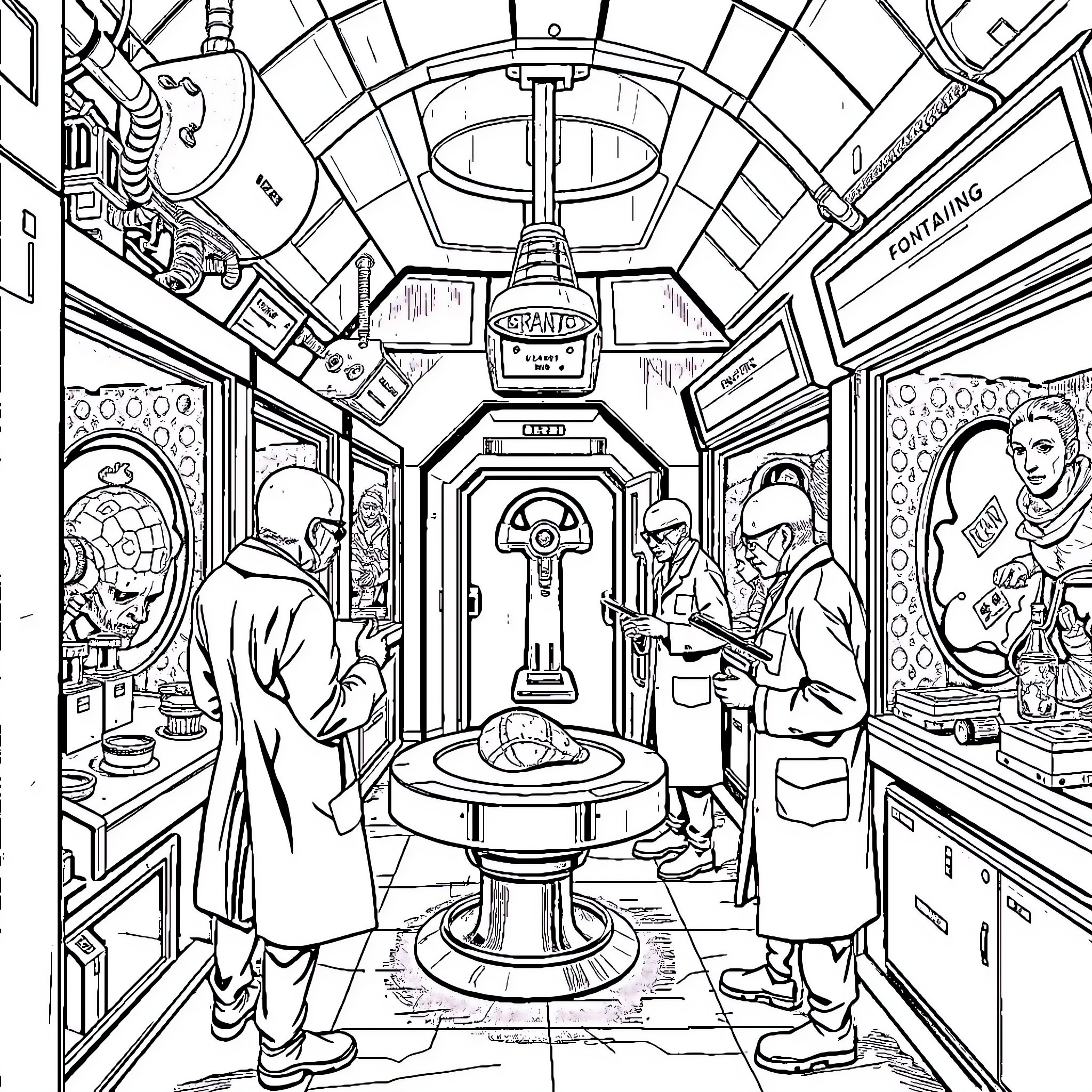 SCP agents investigating a mysterious anomaly Coloring Page (free black-and-white line drawing printable PDF for all, from beginners to advanced learners, including children, teens, adults, and seniors)