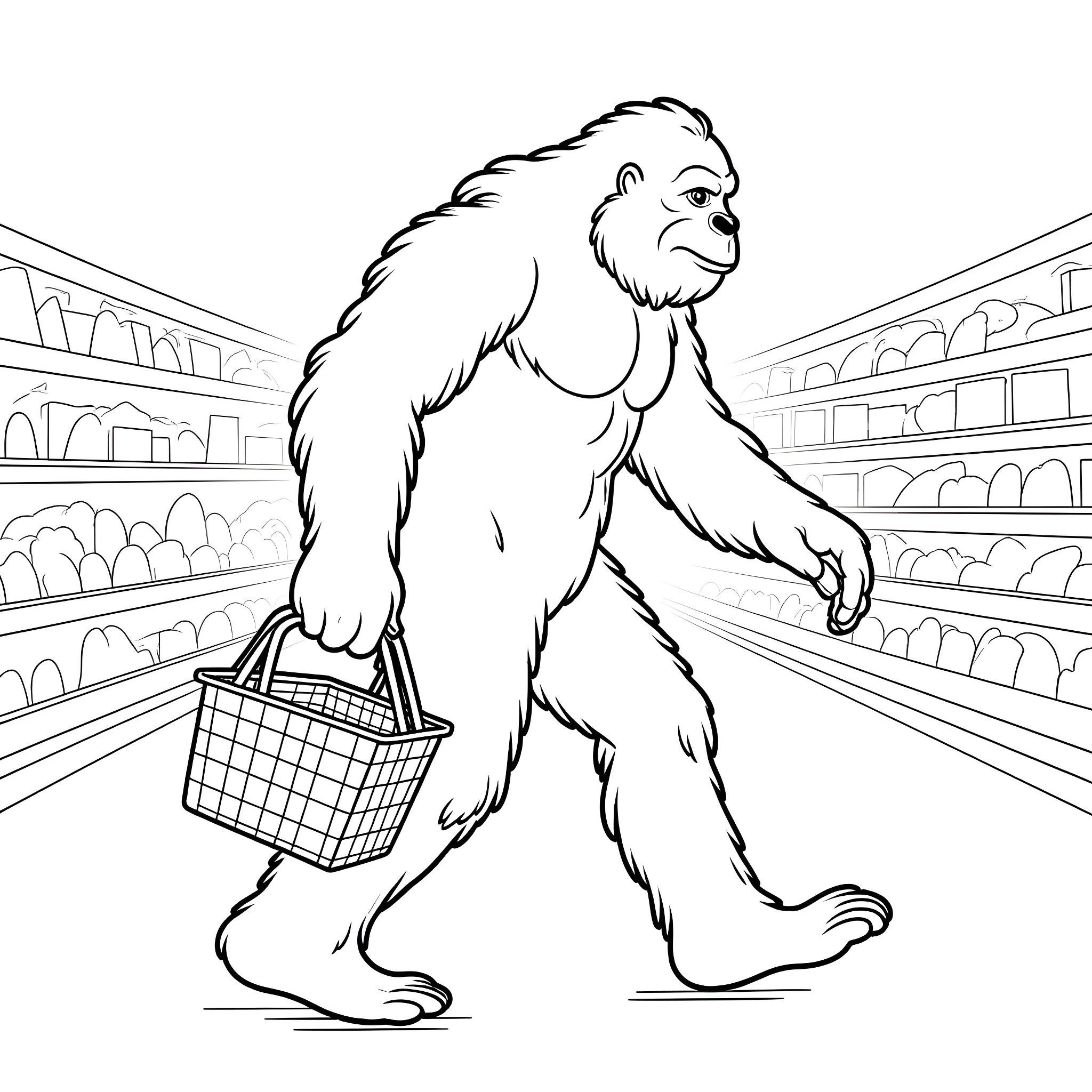 Bigfoot goes shopping in the supermarket Coloring Page (free black-and-white line drawing printable PDF for all, from beginners to advanced learners, including children, teens, adults, and seniors)