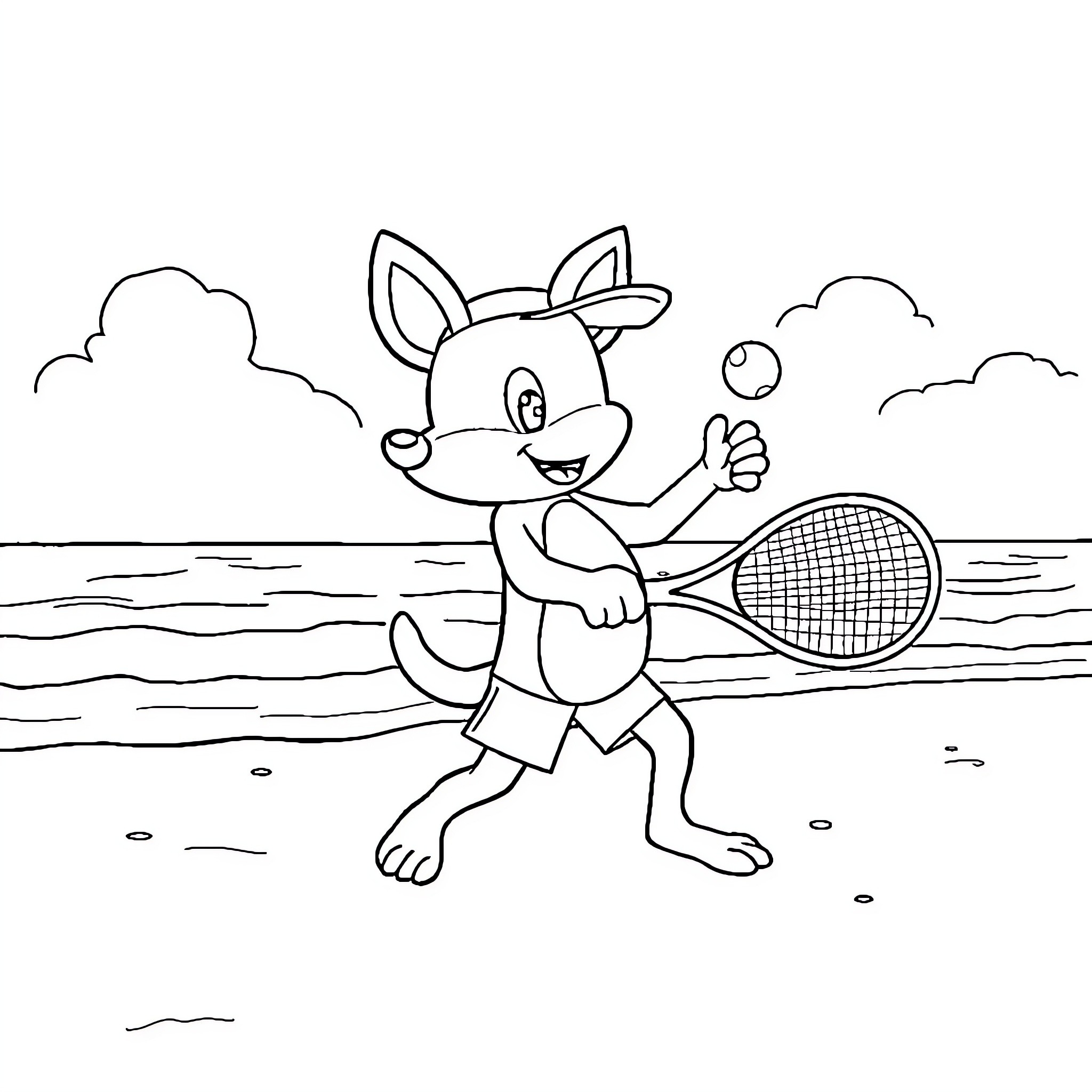 Bluey playing happily on the beach with a tennis racket Coloring Page (free black-and-white line drawing printable PDF for all, from beginners to advanced learners, including children, teens, adults, and seniors)