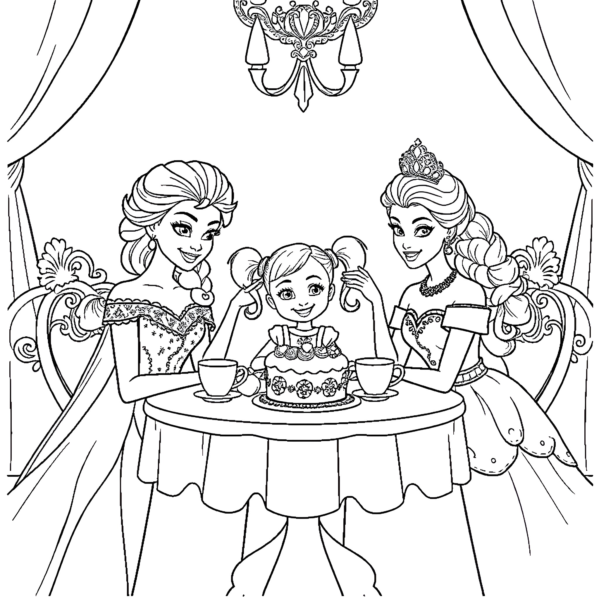 Elsa and friends celebrate a special occasion Coloring Page (free black-and-white line drawing printable PDF for all, from beginners to advanced learners, including children, teens, adults, and seniors)