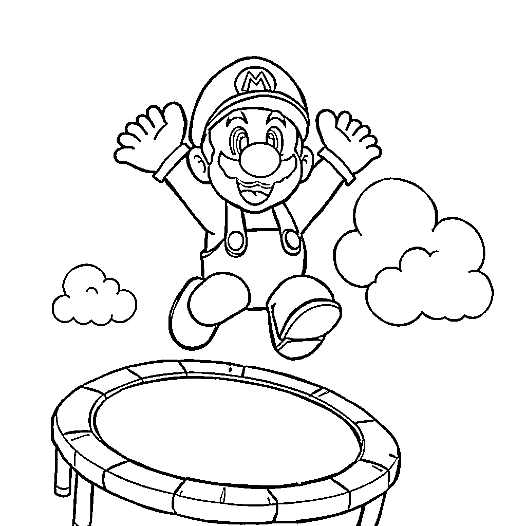 Mario jumping happily on a trampoline Coloring Page (free black-and-white line drawing printable PDF for all, from beginners to advanced learners, including children, teens, adults, and seniors)