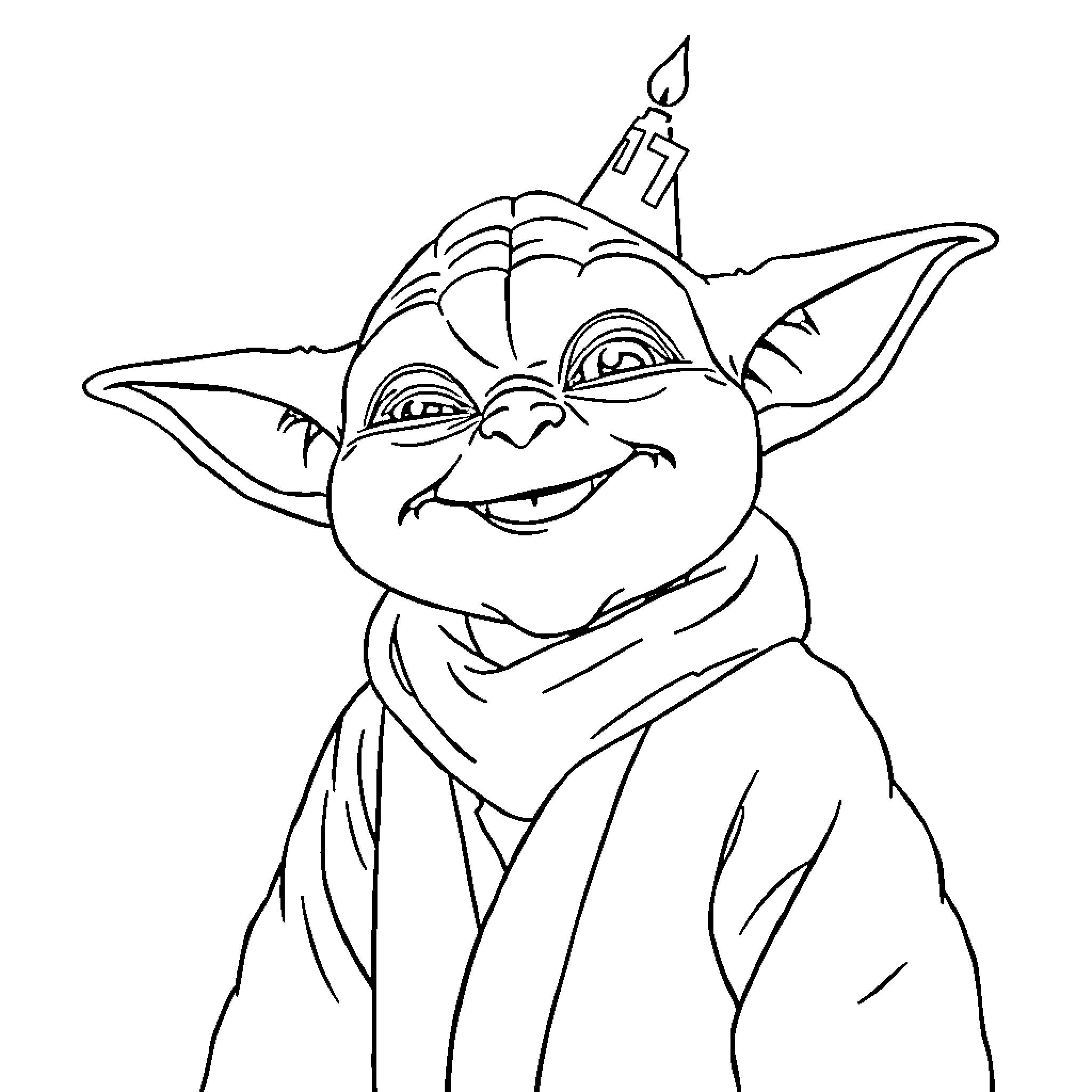 Yoda Delighted with Candle-Lit Celebrations Coloring Page (free black-and-white line drawing printable PDF for all, from beginners to advanced learners, including children, teens, adults, and seniors)