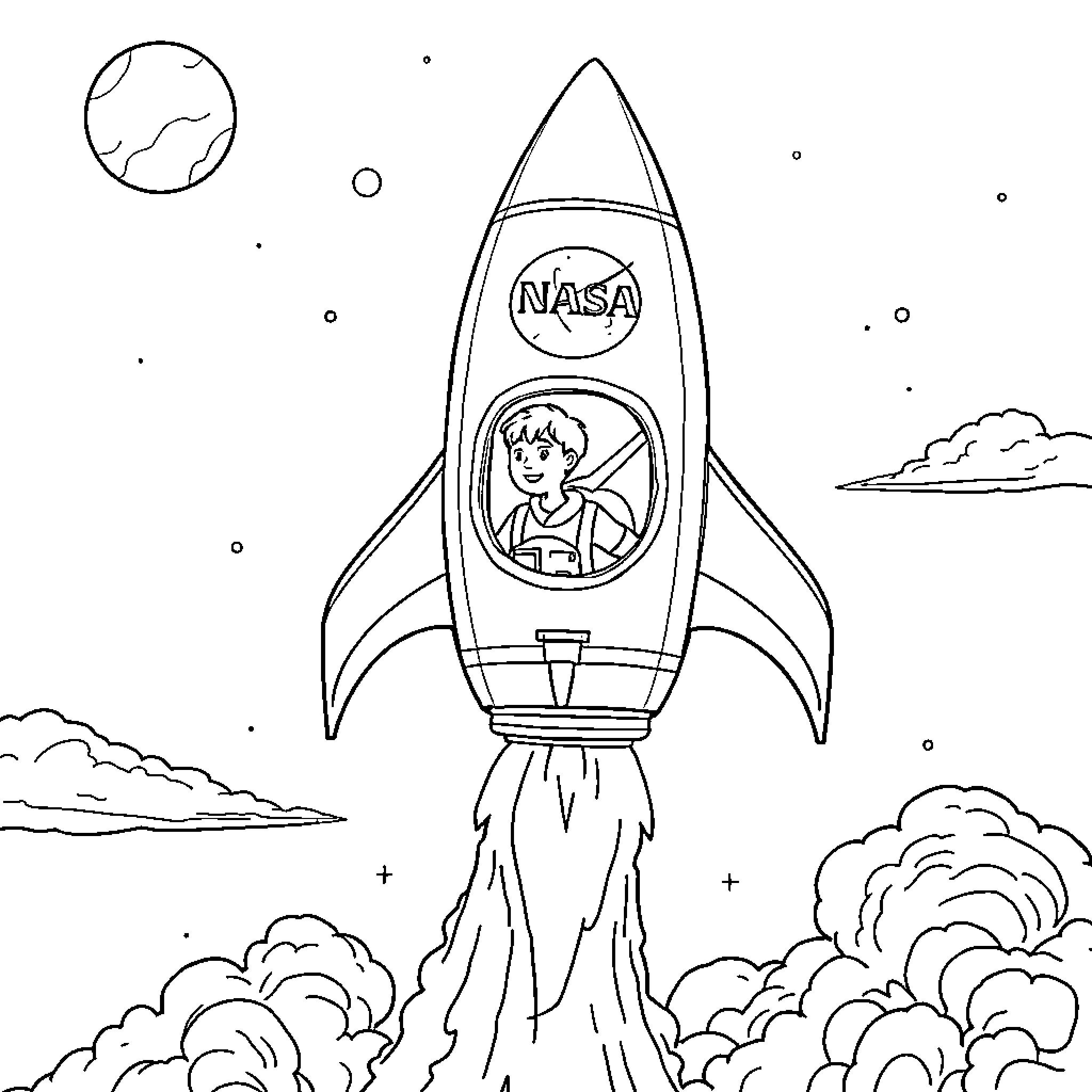 Rocketship Launching into Outer Space Coloring Page (free black-and-white line drawing printable PDF for all, from beginners to advanced learners, including children, teens, adults, and seniors)