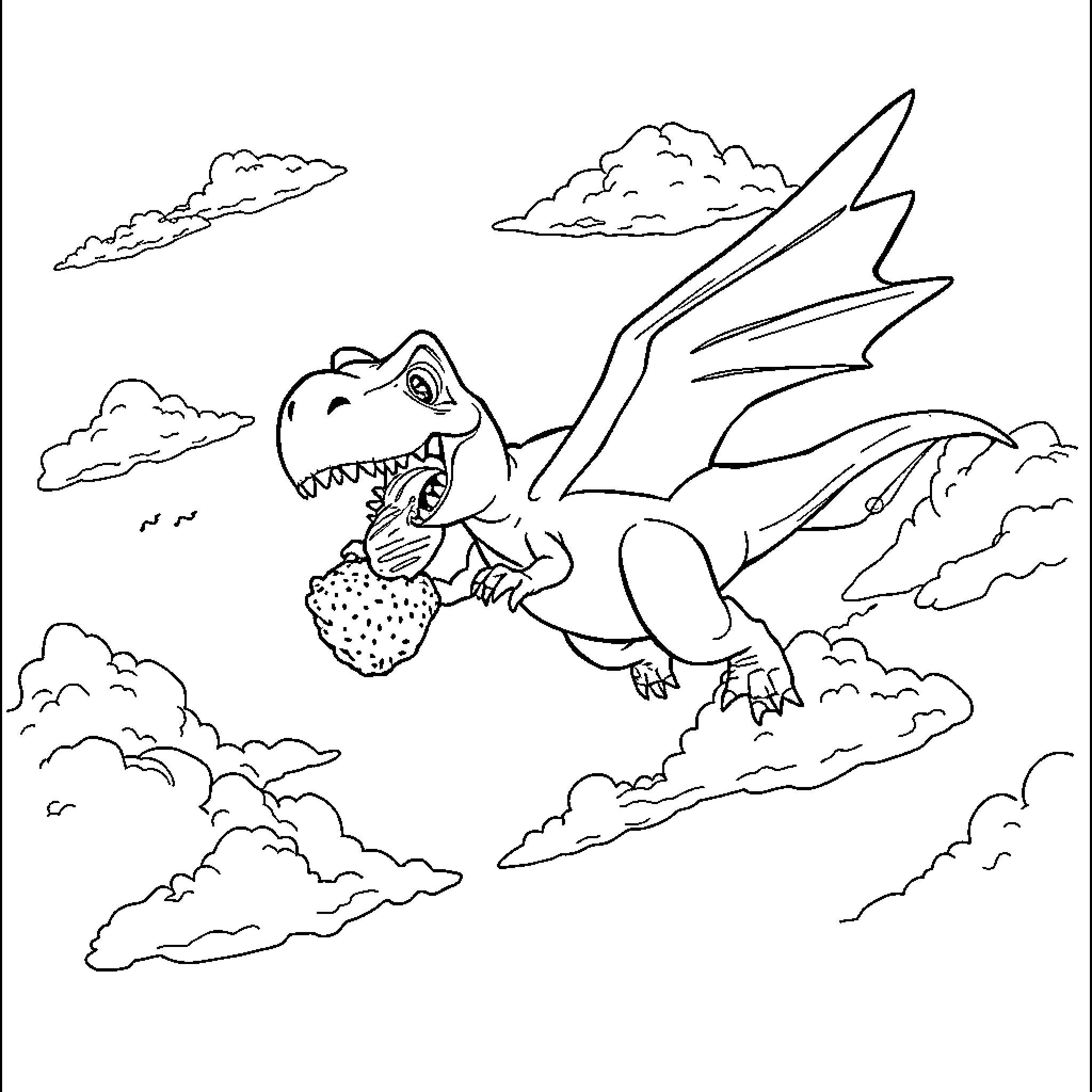 Flying Dino exploring the skies Coloring Page (free black-and-white line drawing printable PDF for all, from beginners to advanced learners, including children, teens, adults, and seniors)