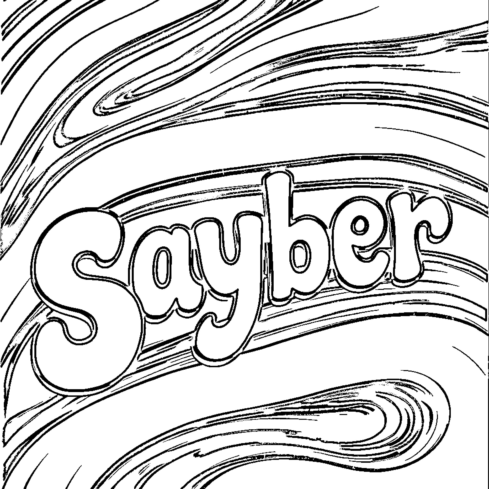 Sayber's Whimsical Lettering Illustration Coloring Page (free black-and-white line drawing printable PDF for all, from beginners to advanced learners, including children, teens, adults, and seniors)