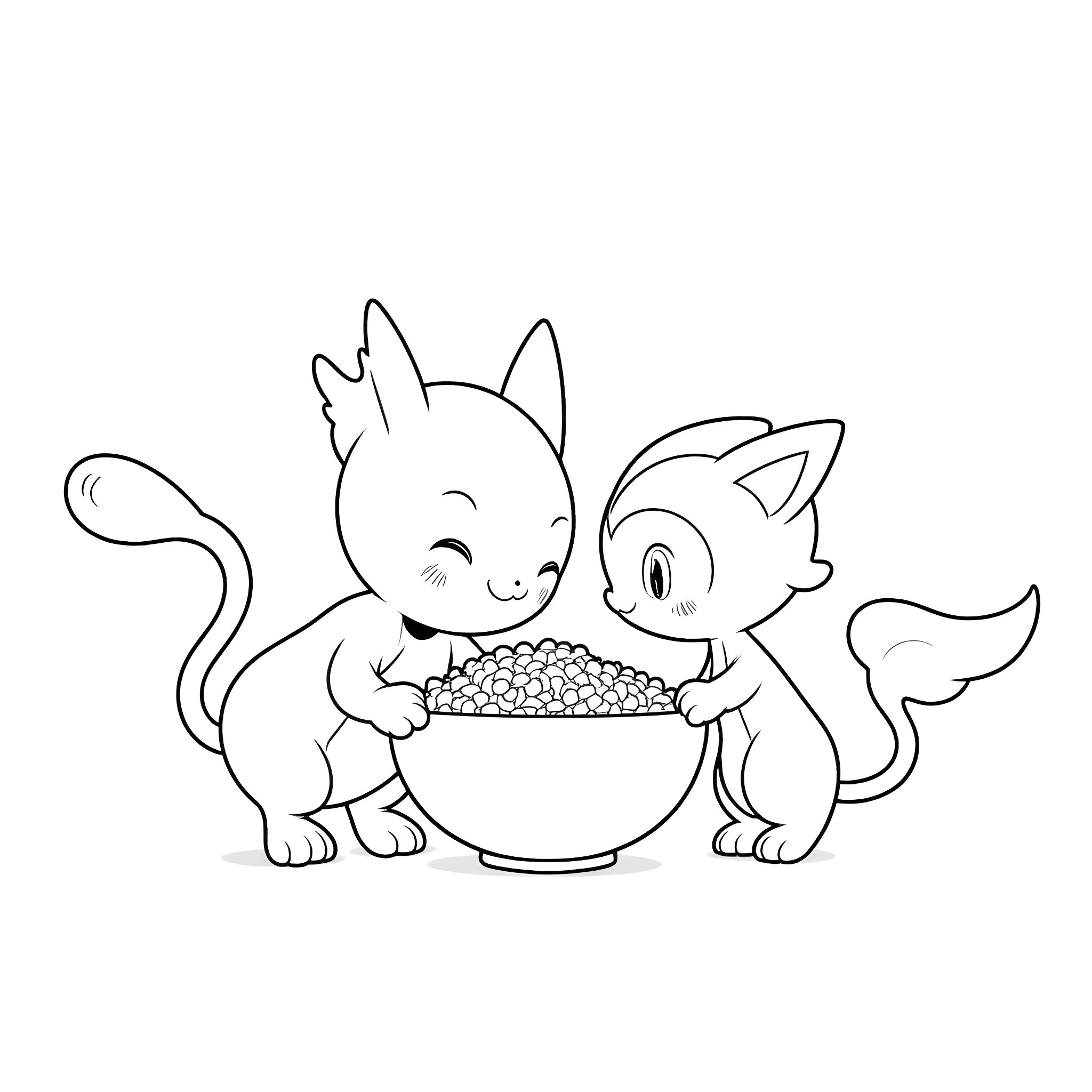 Mew Cats Enjoying a Snack Together Coloring Page (free black-and-white line drawing printable PDF for all, from beginners to advanced learners, including children, teens, adults, and seniors)