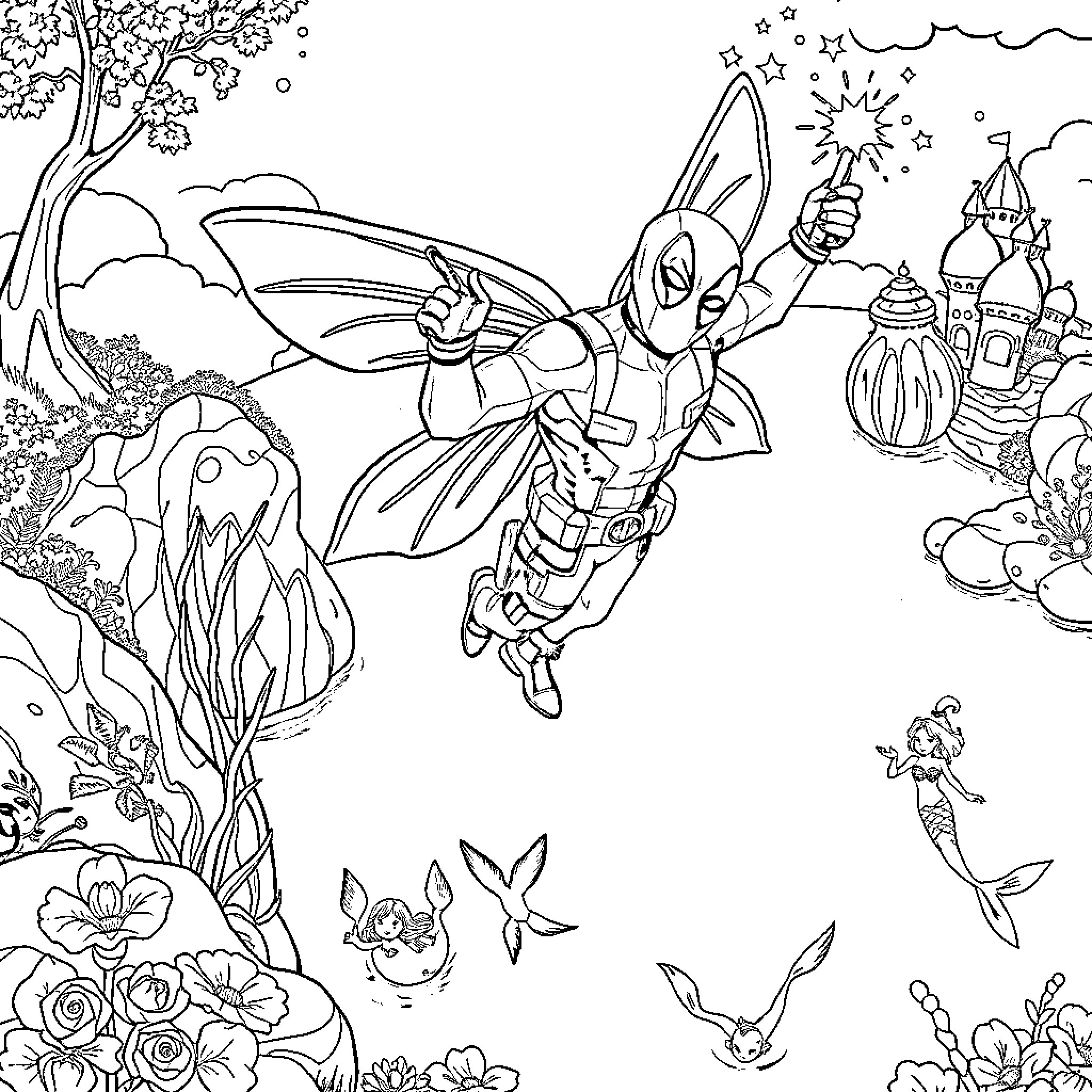 Deadpool's Fantastical Forest Adventure Coloring Page (free black-and-white line drawing printable PDF for all, from beginners to advanced learners, including children, teens, adults, and seniors)