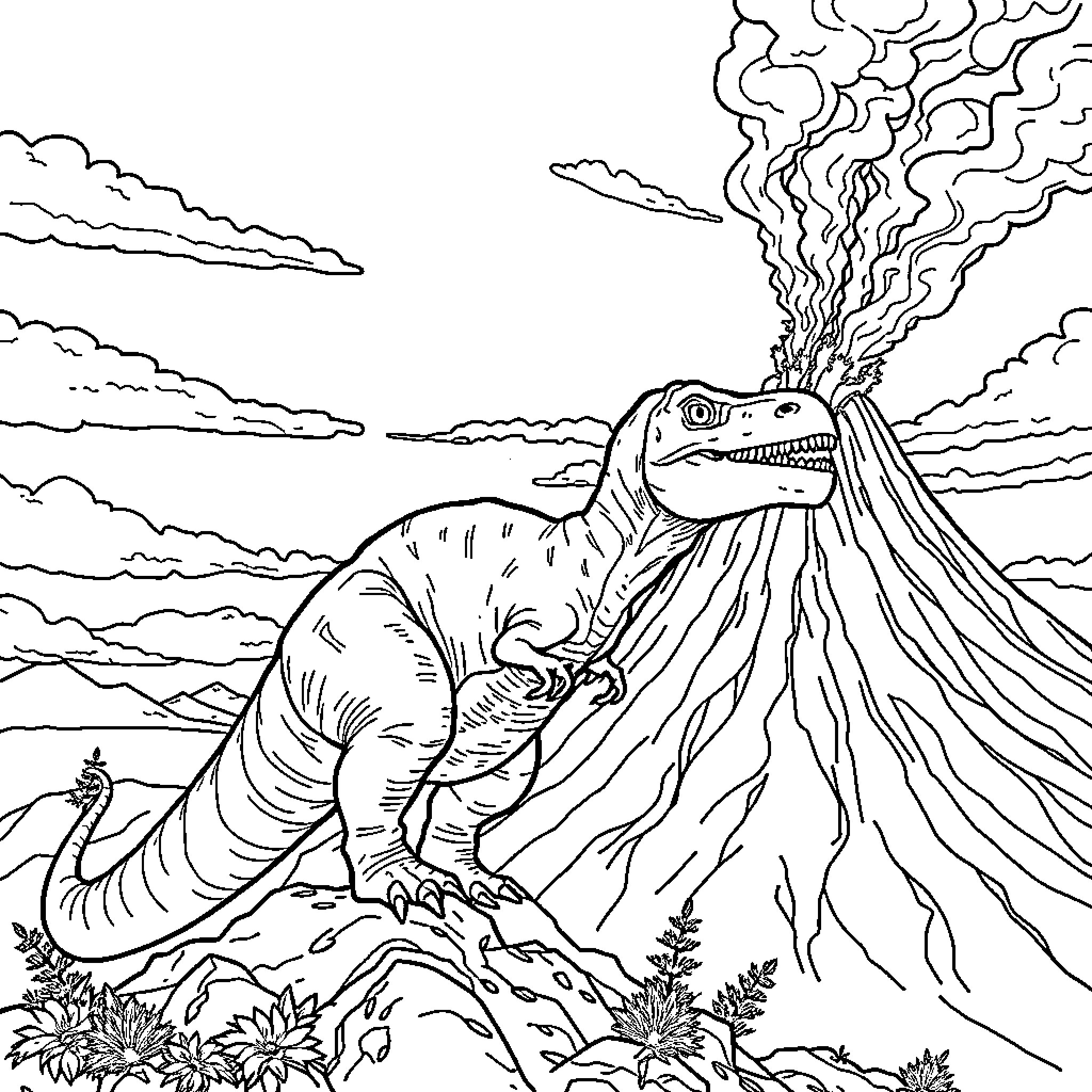 Dinosaur erupting from a volcano Coloring Page (free black-and-white line drawing printable PDF for all, from beginners to advanced learners, including children, teens, adults, and seniors)