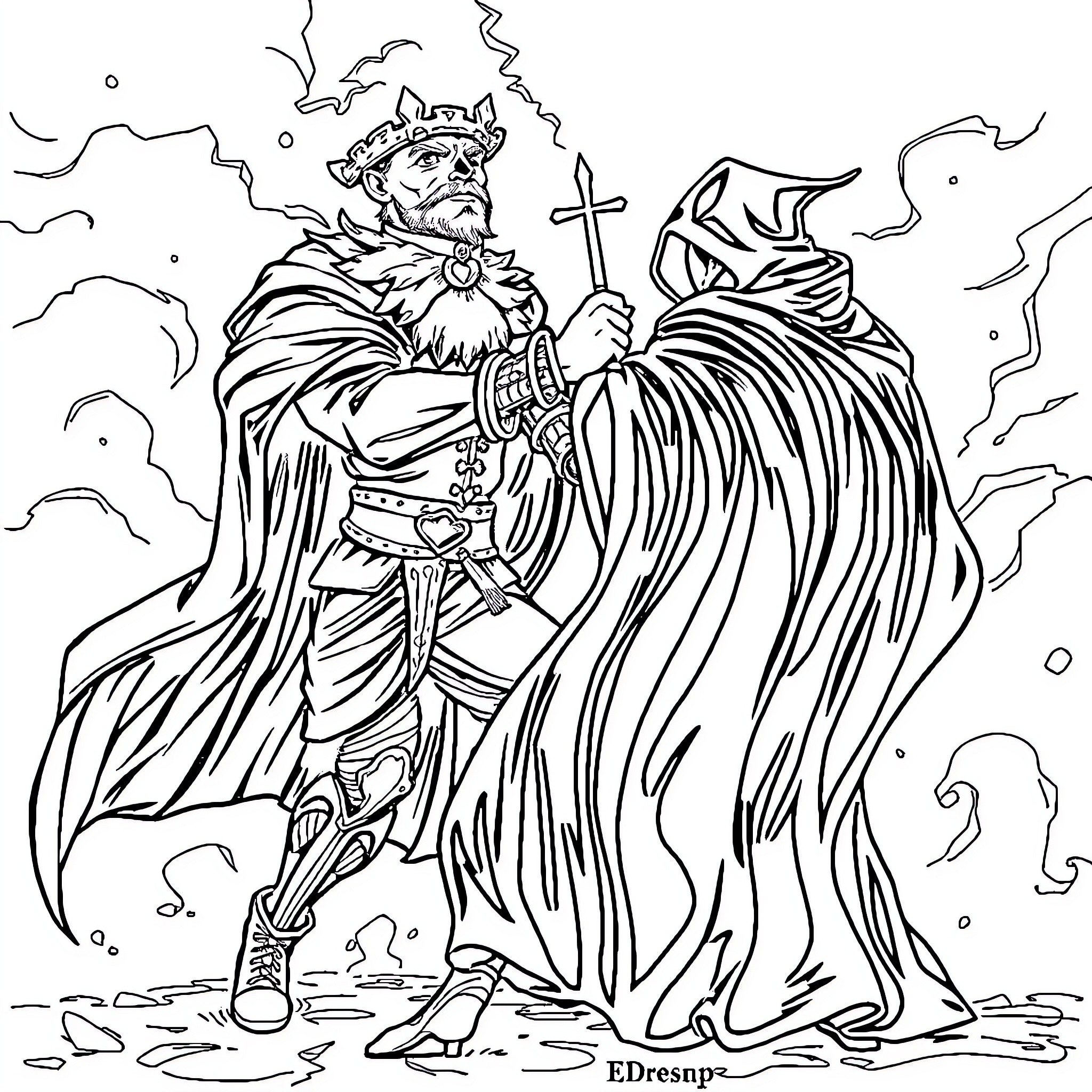 King Holding a Cross in a Dramatic Pose Coloring Page (free black-and-white line drawing printable PDF for all, from beginners to advanced learners, including children, teens, adults, and seniors)