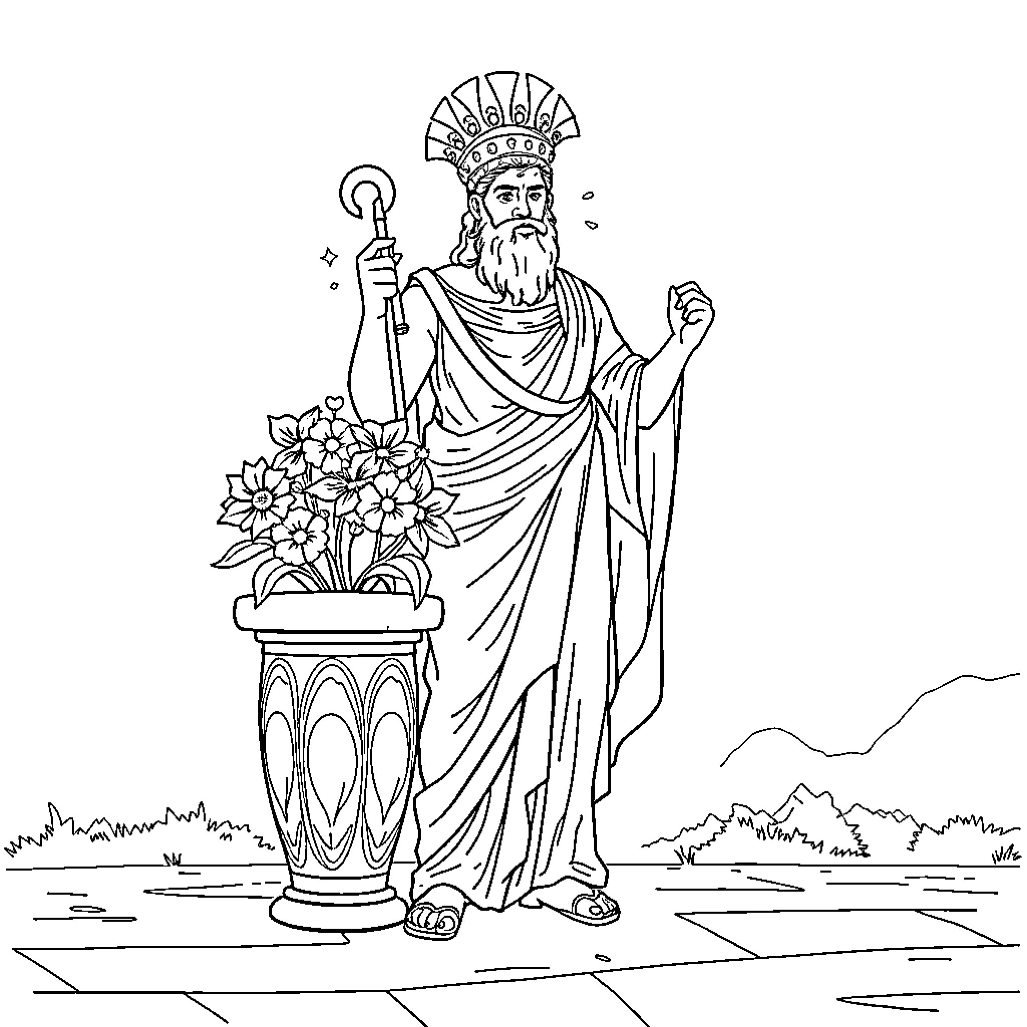Flower Pot with Robed Figure Holding Staff Coloring Page (free black-and-white line drawing printable PDF for all, from beginners to advanced learners, including children, teens, adults, and seniors)