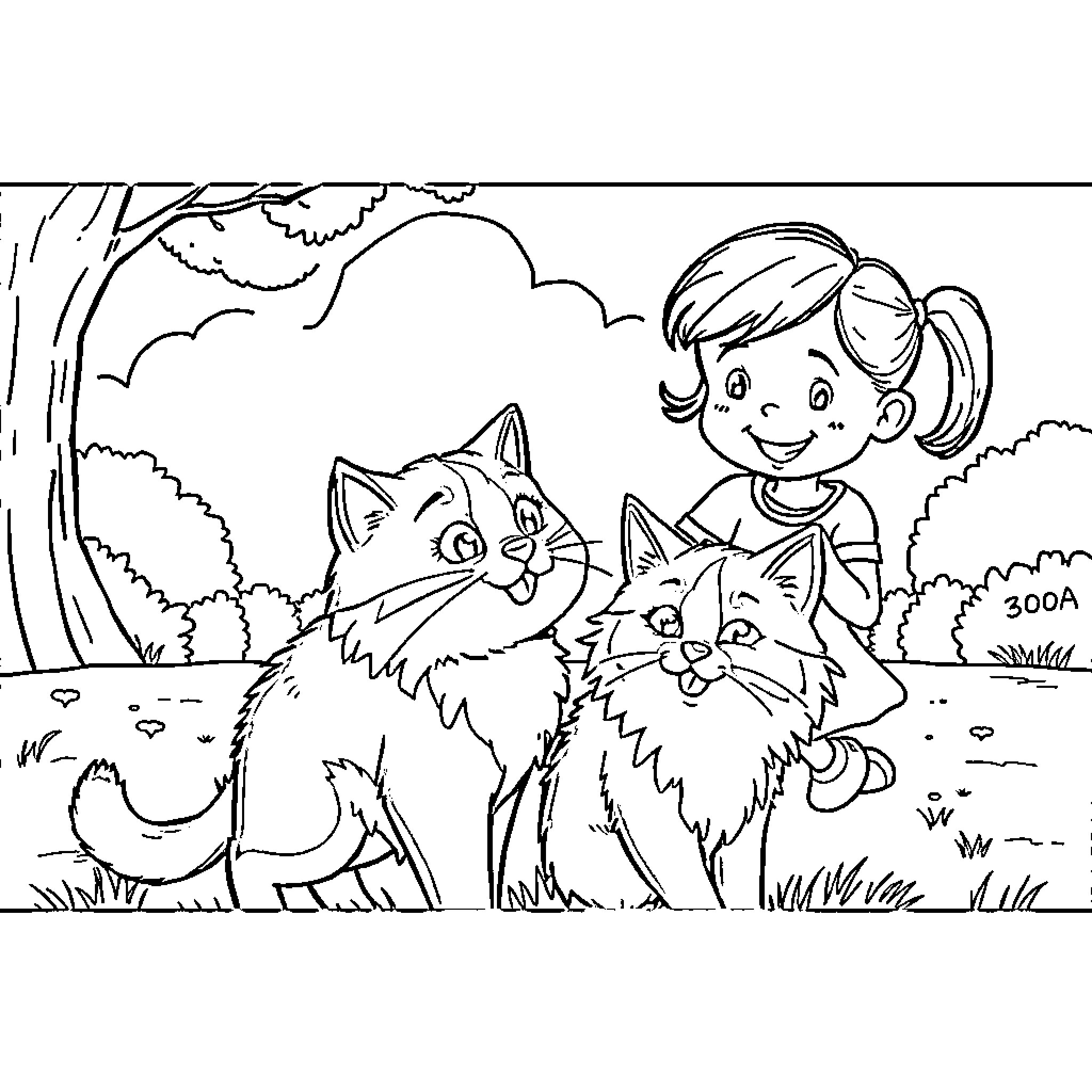 Cat and girl playing in the park Coloring Page (free black-and-white line drawing printable PDF for all, from beginners to advanced learners, including children, teens, adults, and seniors)