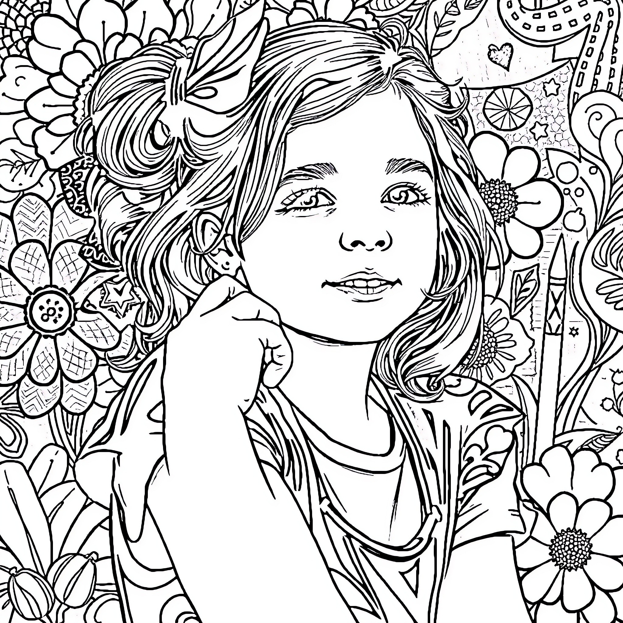 Collage Girl in Floral Dreamscape Coloring Page (free black-and-white line drawing printable PDF for all, from beginners to advanced learners, including children, teens, adults, and seniors)