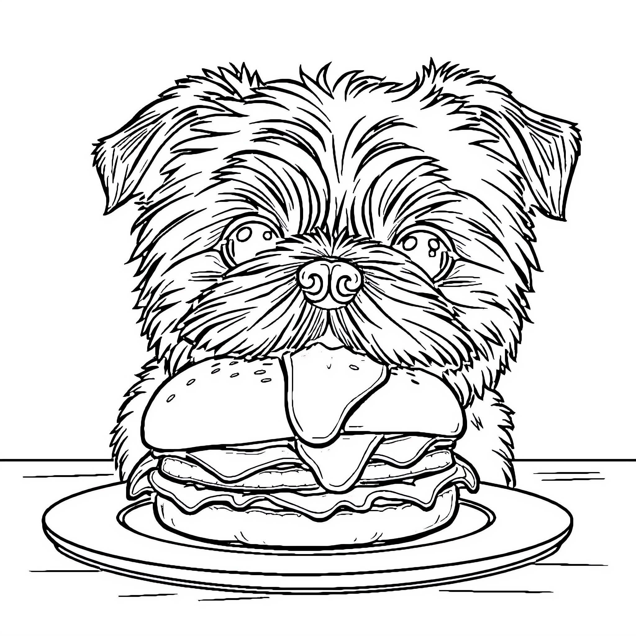 Shih Tzu enjoying a delicious cheeseburger Coloring Page (free black-and-white line drawing printable PDF for all, from beginners to advanced learners, including children, teens, adults, and seniors)