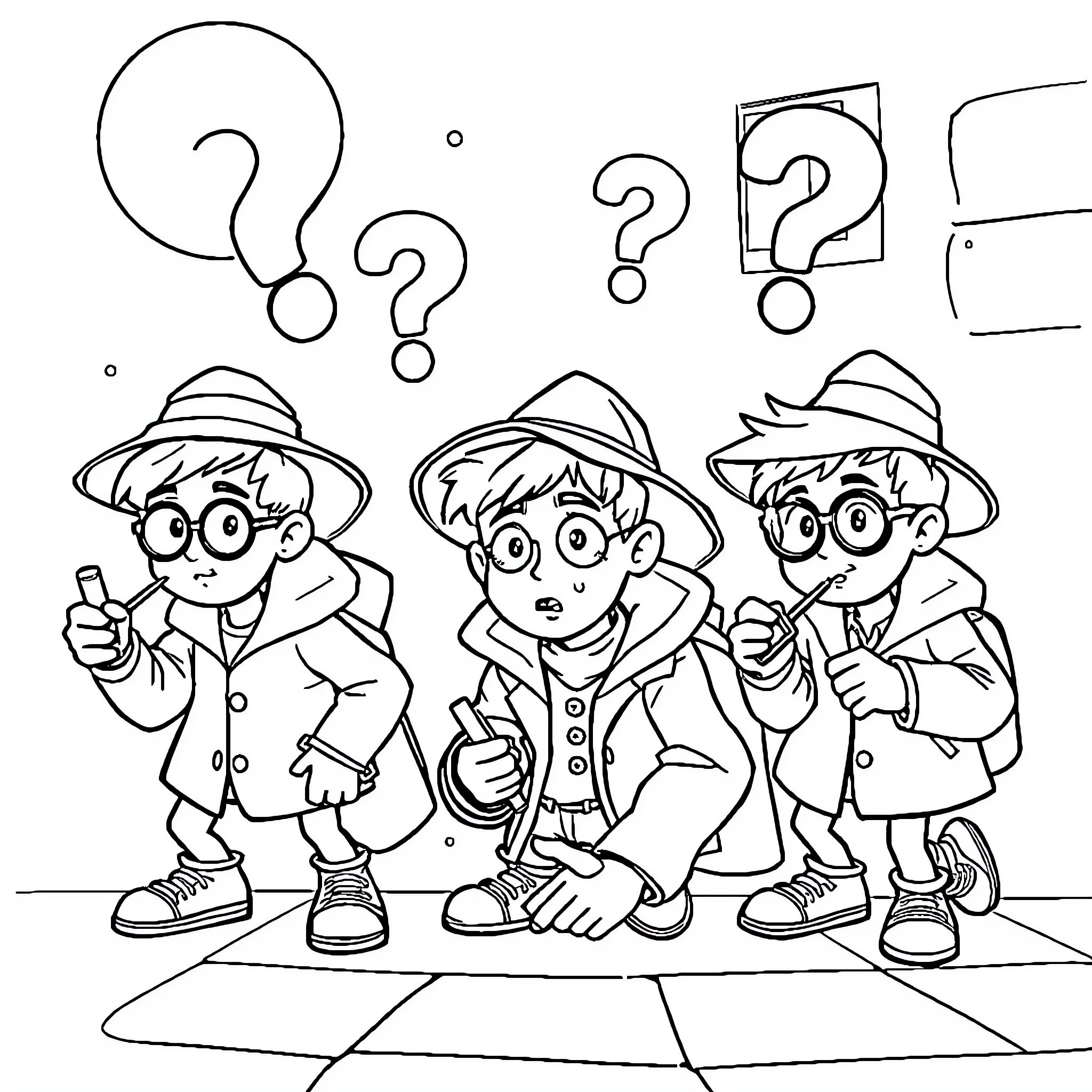 Die drei ??? KID - Young detectives on a mystery Coloring Page (free black-and-white line drawing printable PDF for all, from beginners to advanced learners, including children, teens, adults, and seniors)