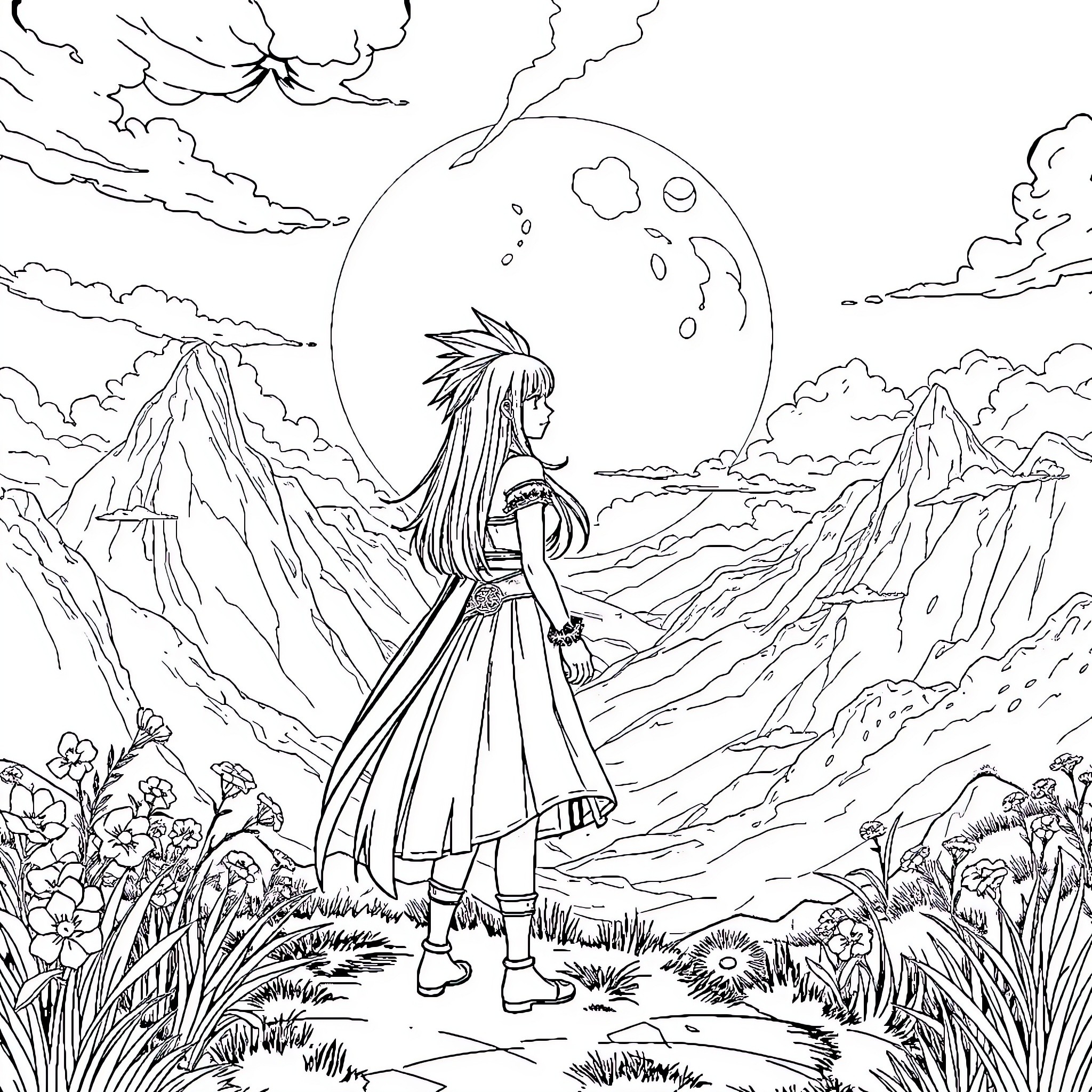 Squall and Rinoa admiring the night sky in a magical landscape Coloring Page (free black-and-white line drawing printable PDF for all, from beginners to advanced learners, including children, teens, adults, and seniors)