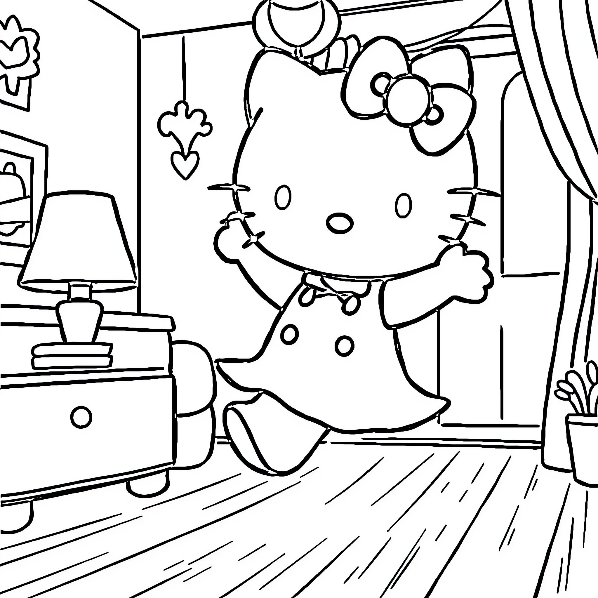 Hello Kitty relaxing at home Coloring Page (free black-and-white line drawing printable PDF for all, from beginners to advanced learners, including children, teens, adults, and seniors)