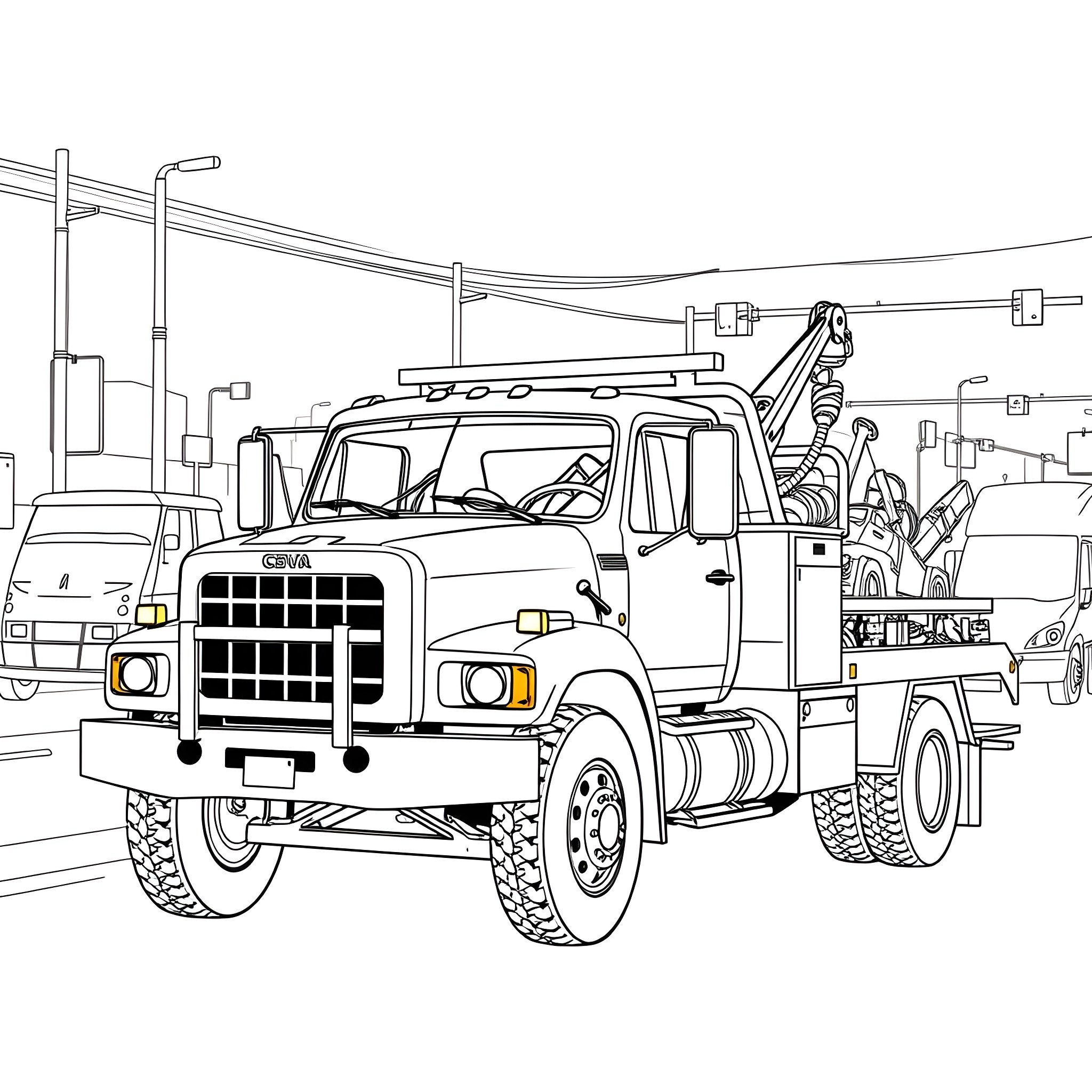 Wrecker Truck Towing Vehicle on the Road Coloring Page (free black-and-white line drawing printable PDF for all, from beginners to advanced learners, including children, teens, adults, and seniors)