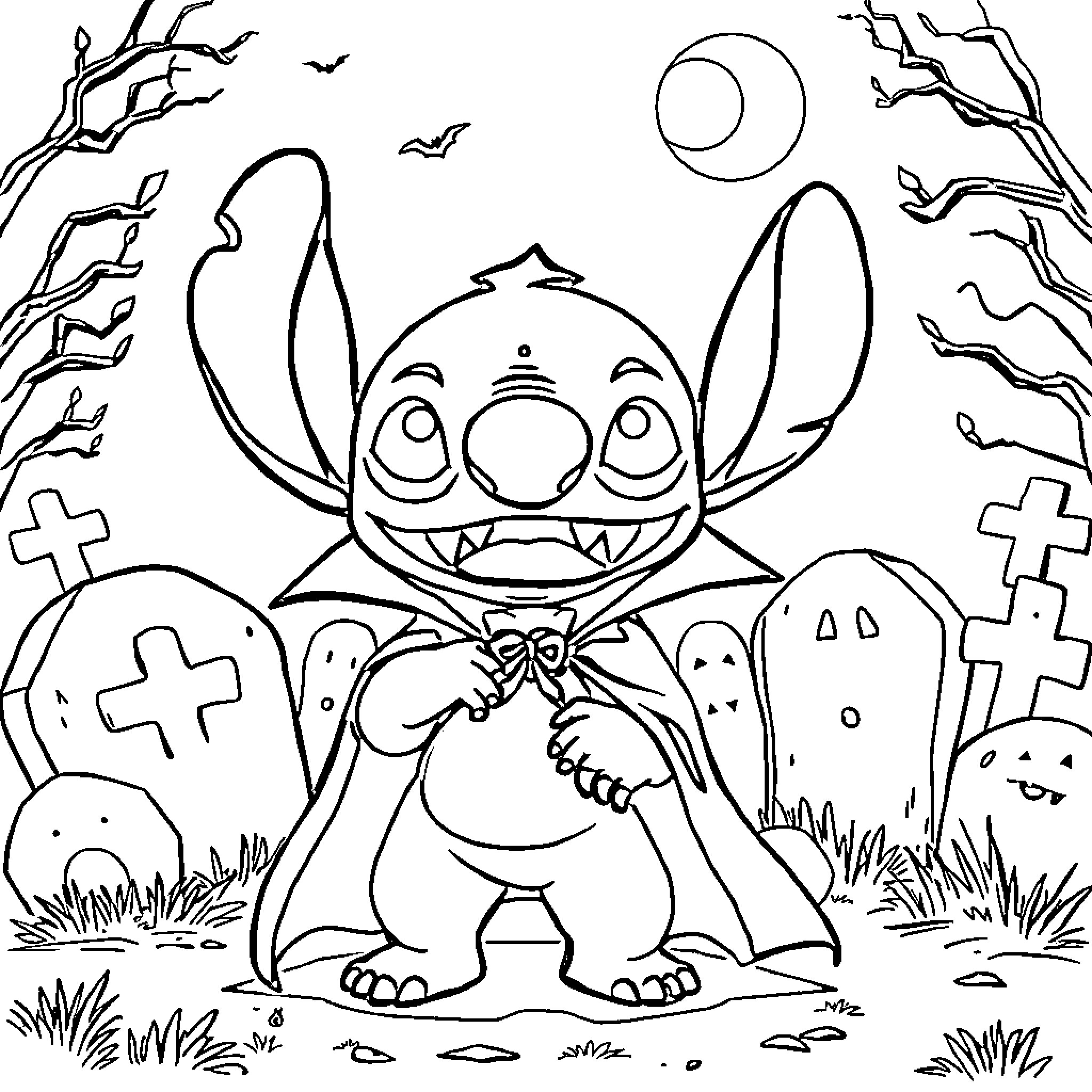 Stitch in a Spooky Halloween Scene Coloring Page (free black-and-white line drawing printable PDF for all, from beginners to advanced learners, including children, teens, adults, and seniors)