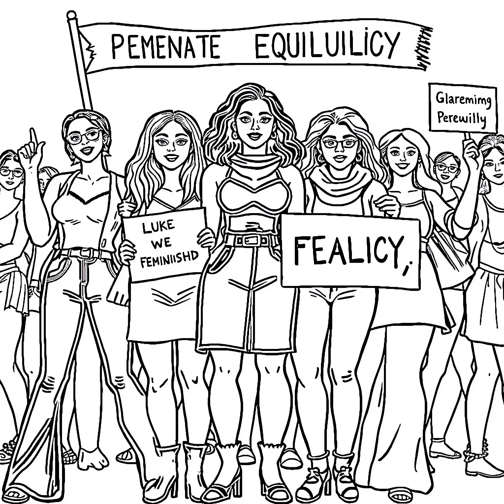 Women Advocating for Feminism and Equality Coloring Page (free black-and-white line drawing printable PDF for all, from beginners to advanced learners, including children, teens, adults, and seniors)