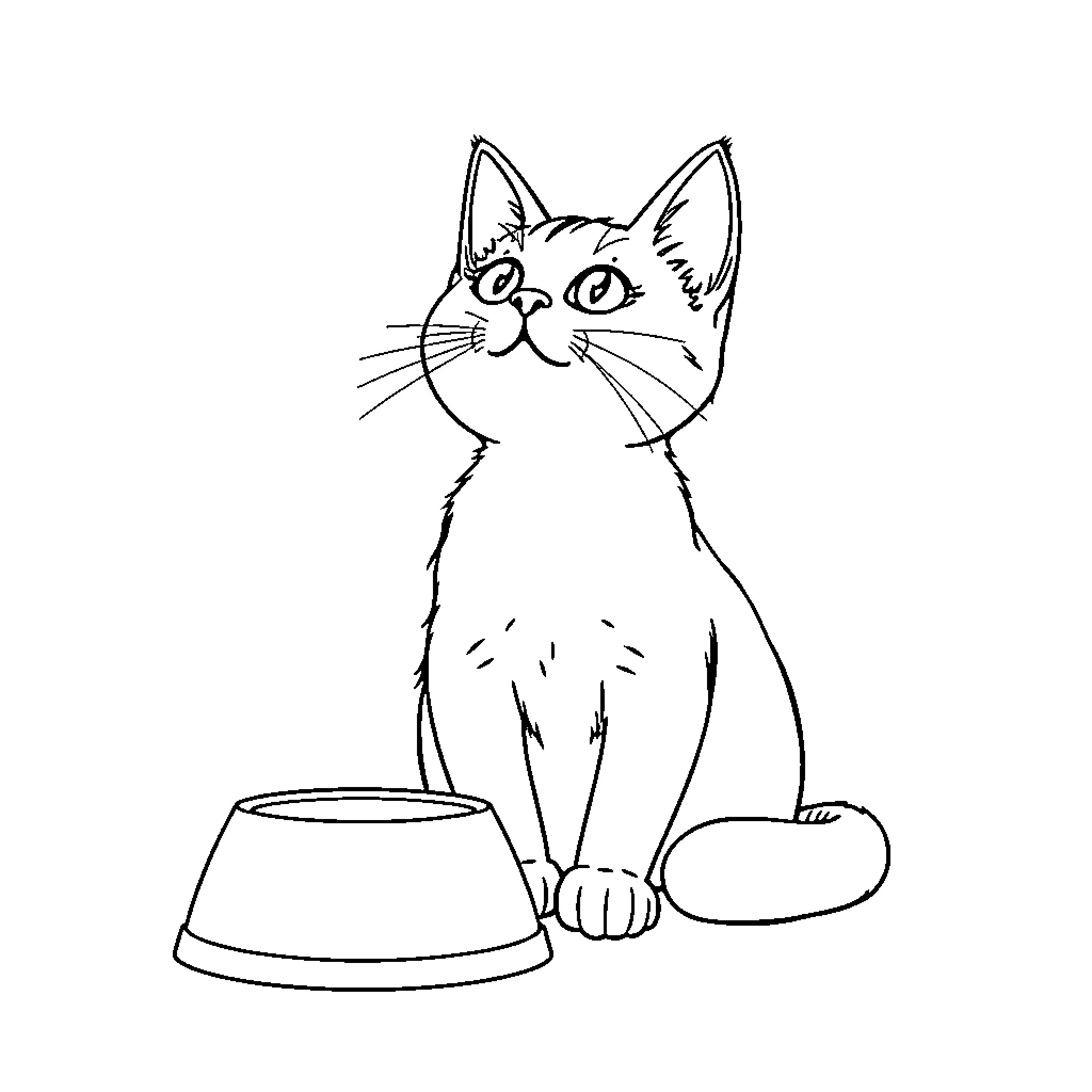 Cat sitting by an empty food bowl Coloring Page (free black-and-white line drawing printable PDF for all, from beginners to advanced learners, including children, teens, adults, and seniors)