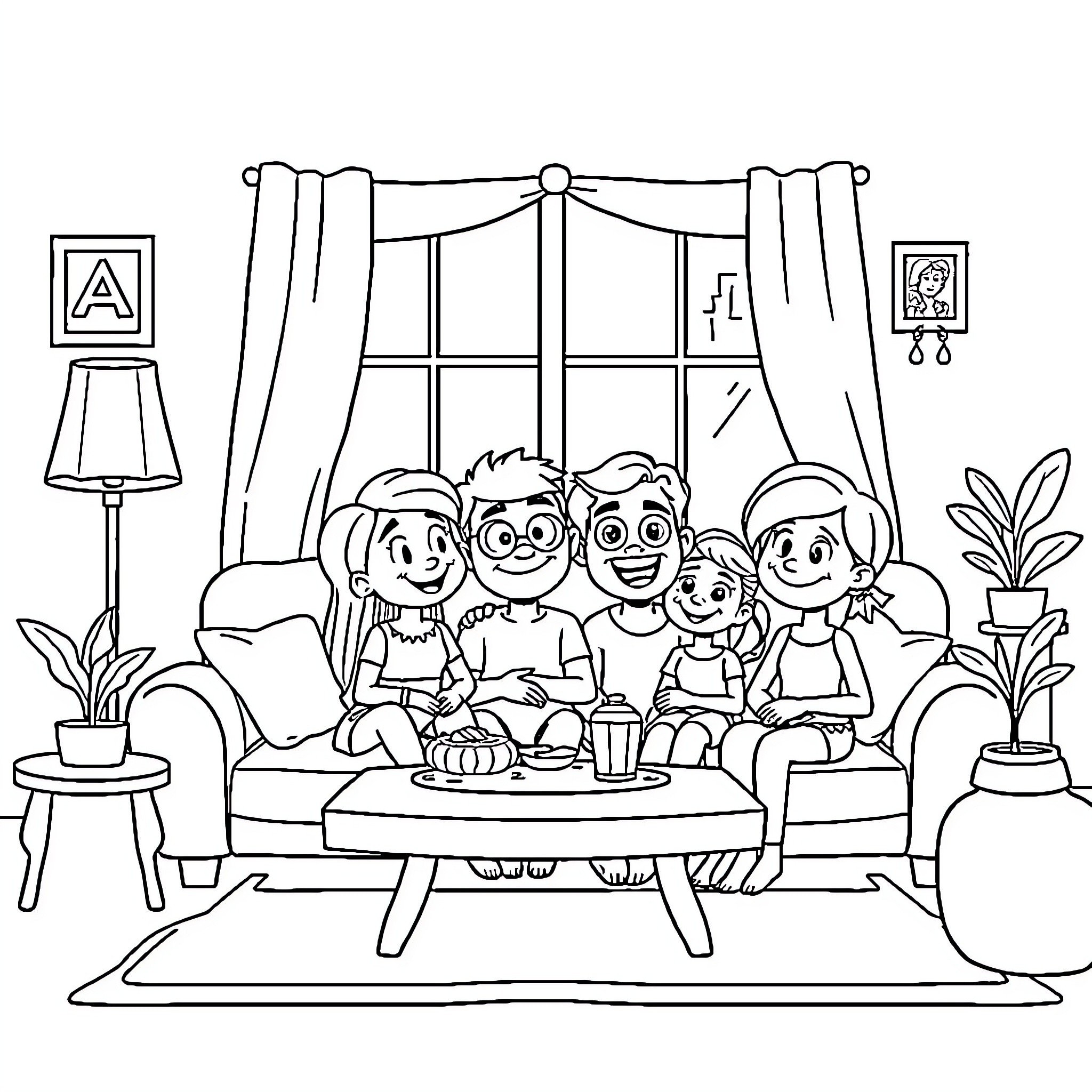Bluey's Family Enjoying a Cozy Indoor Gathering Coloring Page (free black-and-white line drawing printable PDF for all, from beginners to advanced learners, including children, teens, adults, and seniors)