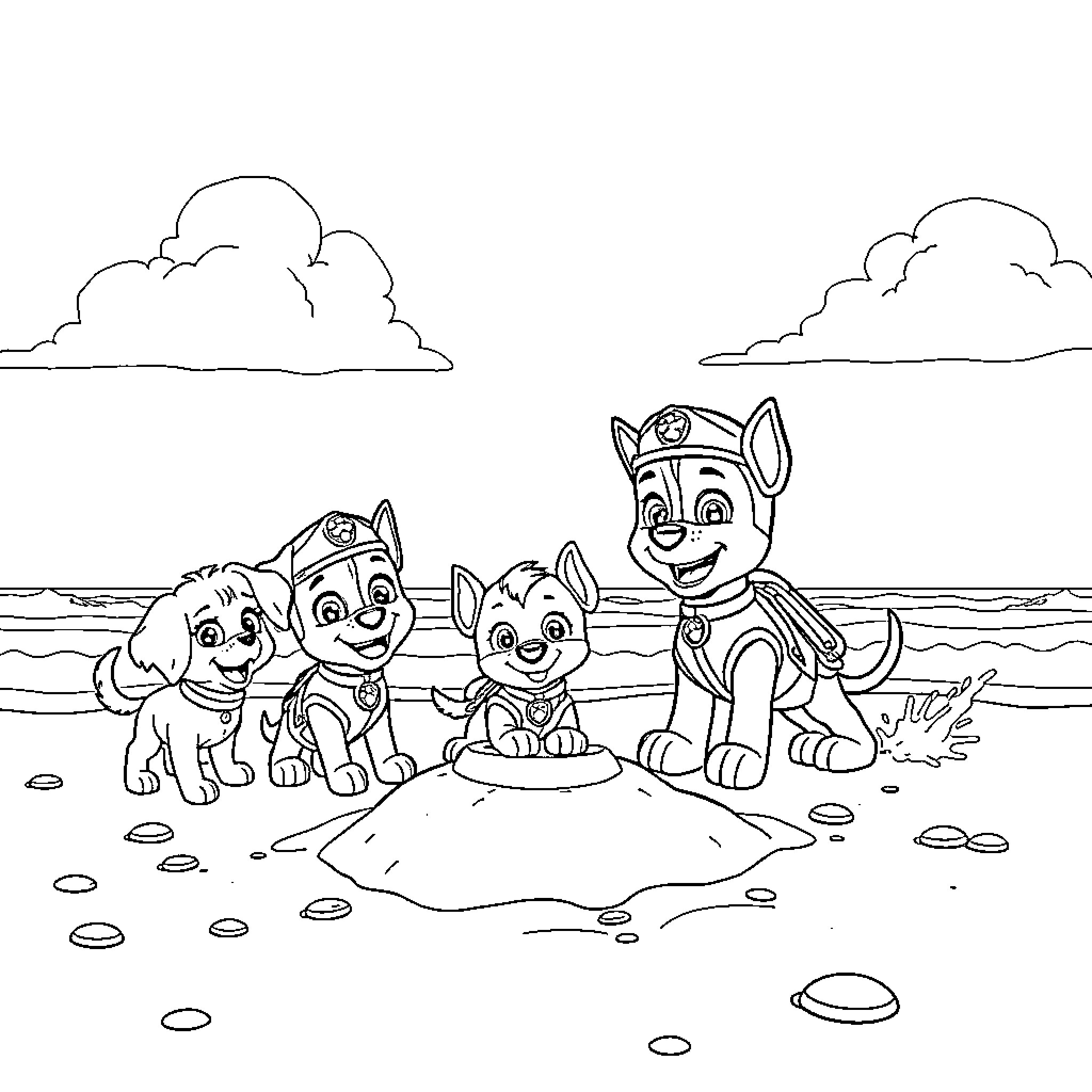 Paw Patrol puppies on the beach Coloring Page (free black-and-white line drawing printable PDF for all, from beginners to advanced learners, including children, teens, adults, and seniors)