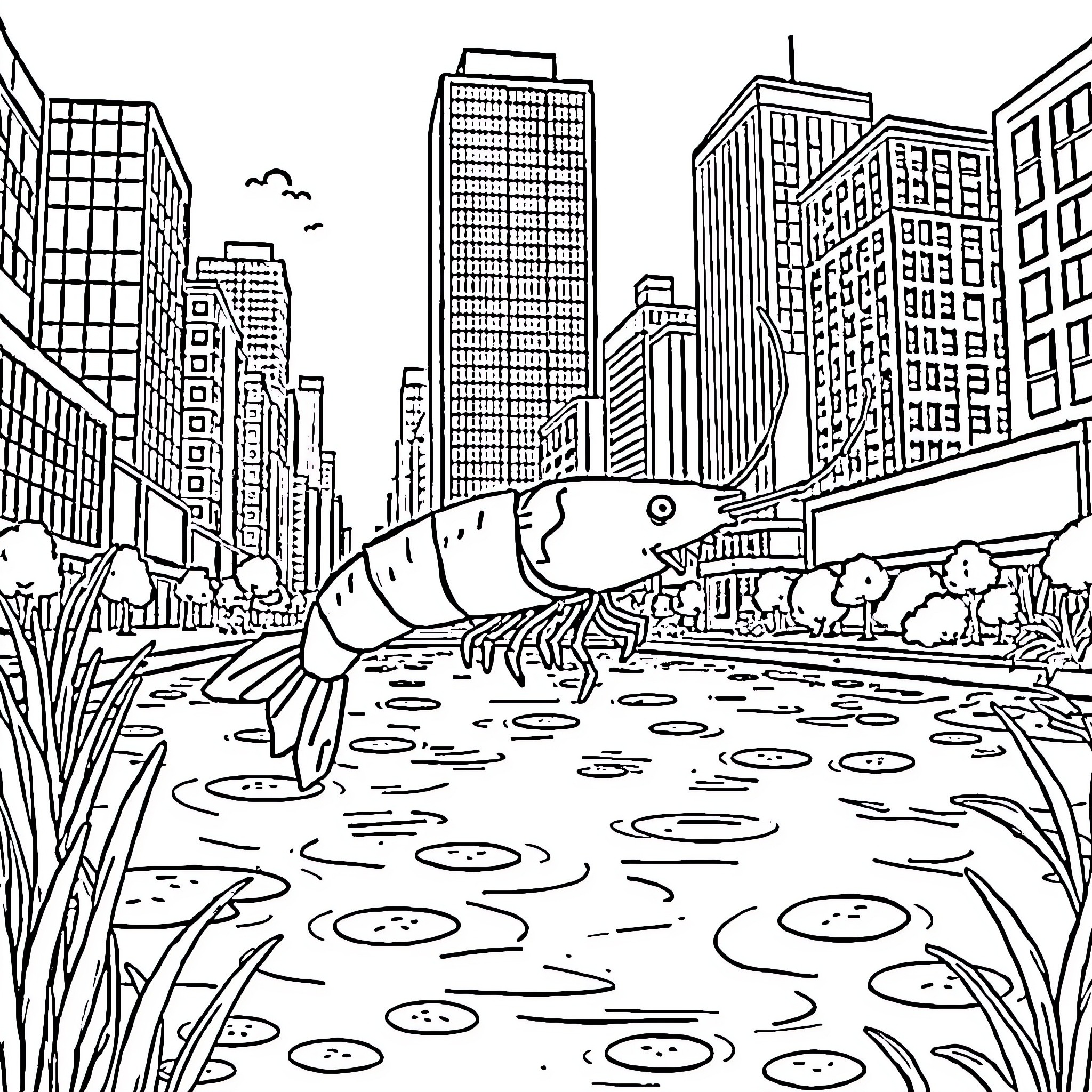 Shrimp exploring urban waterscape in the city Coloring Page (free black-and-white line drawing printable PDF for all, from beginners to advanced learners, including children, teens, adults, and seniors)