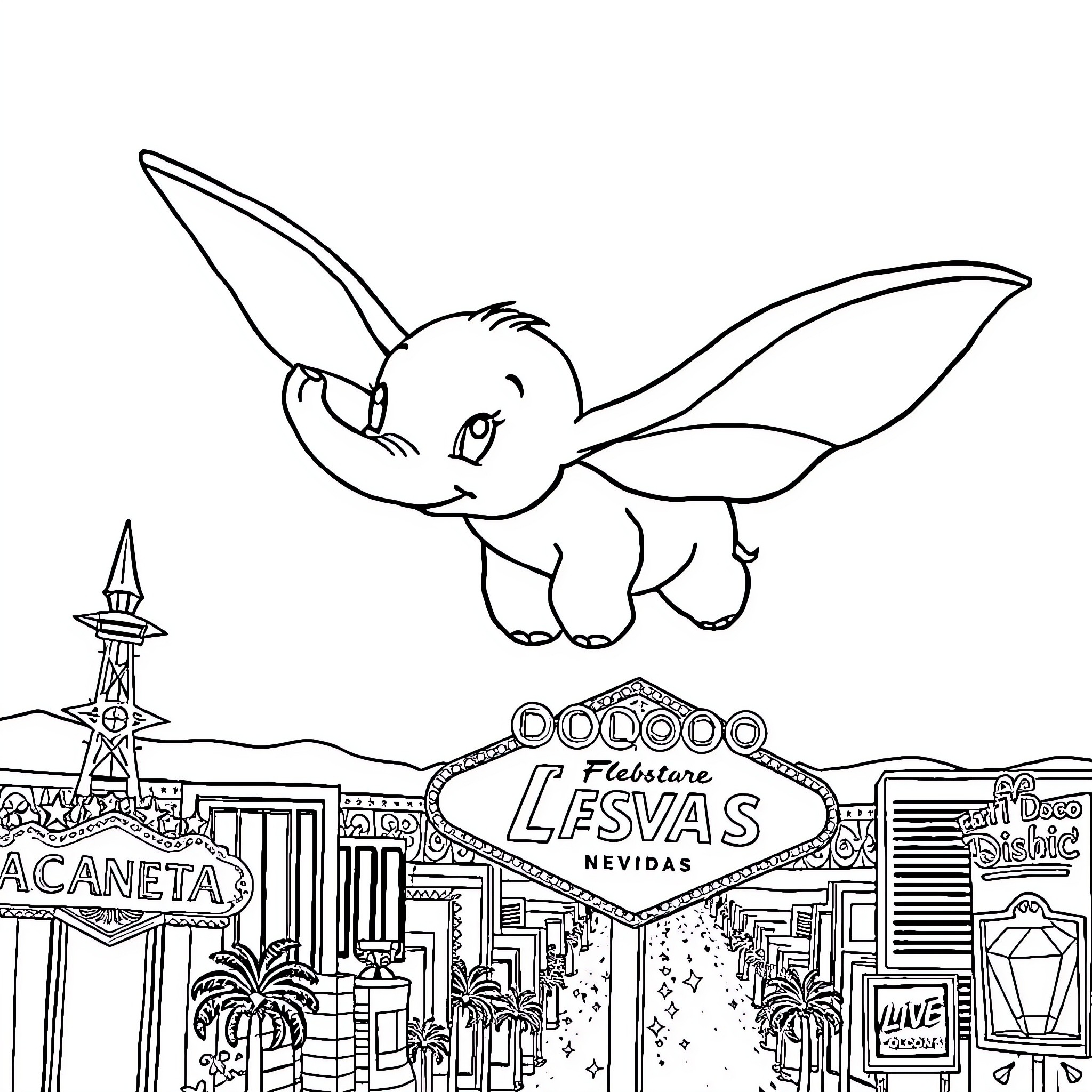 Dumbo flying over the Las Vegas skyline Coloring Page (free black-and-white line drawing printable PDF for all, from beginners to advanced learners, including children, teens, adults, and seniors)
