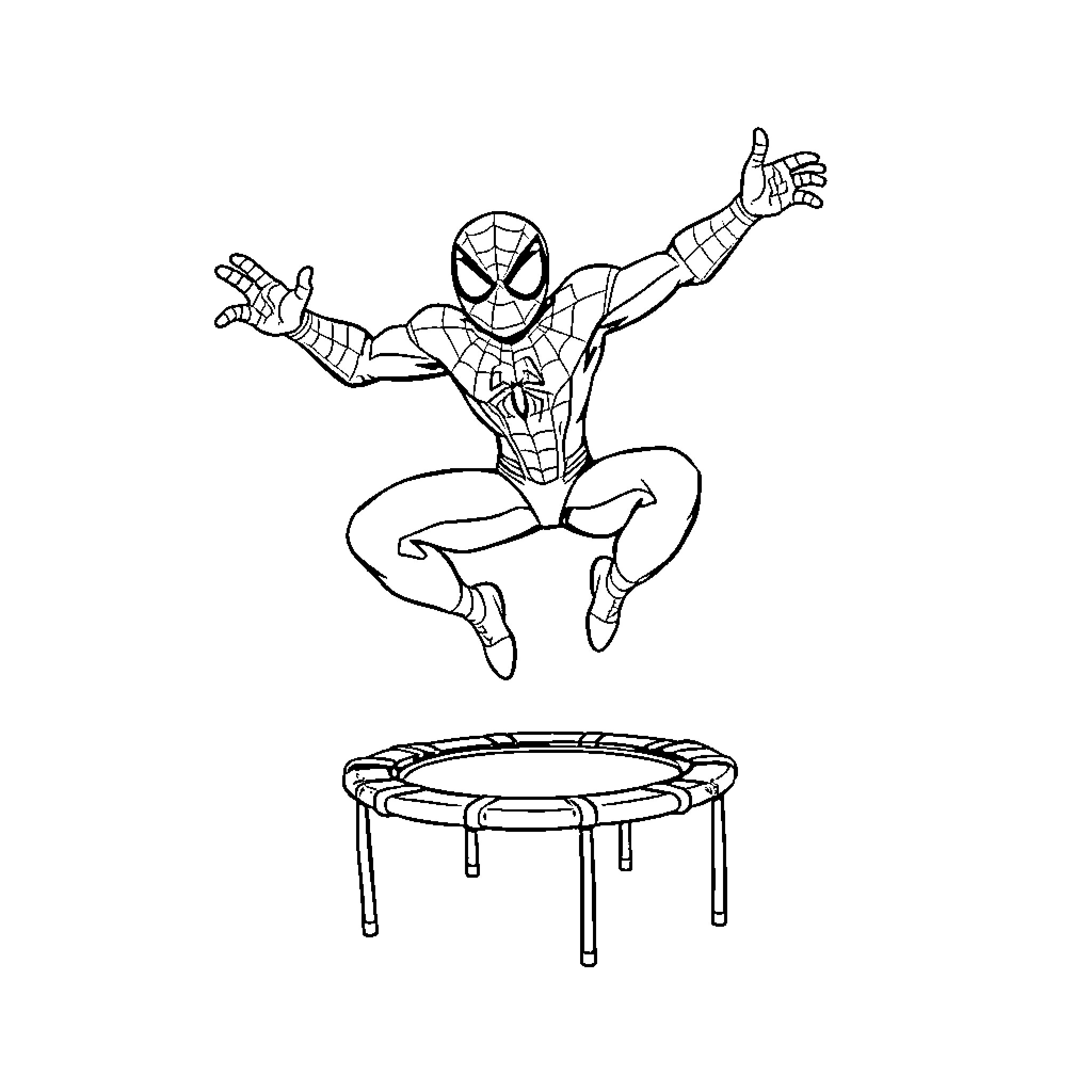 Spider-Man jumping with excitement on a trampoline Coloring Page (free black-and-white line drawing printable PDF for all, from beginners to advanced learners, including children, teens, adults, and seniors)