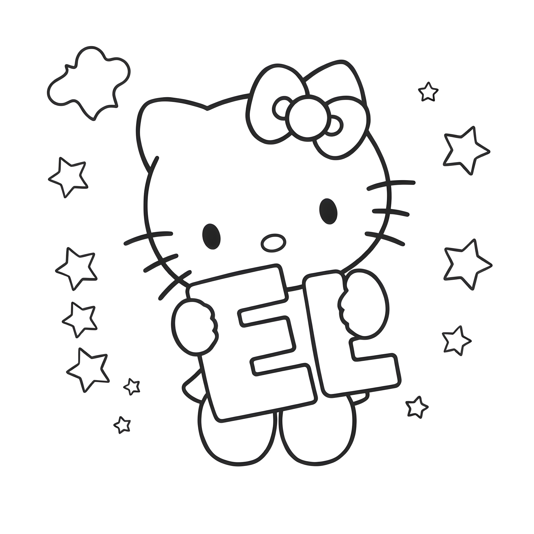 Hello Kitty holding a book with stars Coloring Page (free black-and-white line drawing printable PDF for all, from beginners to advanced learners, including children, teens, adults, and seniors)