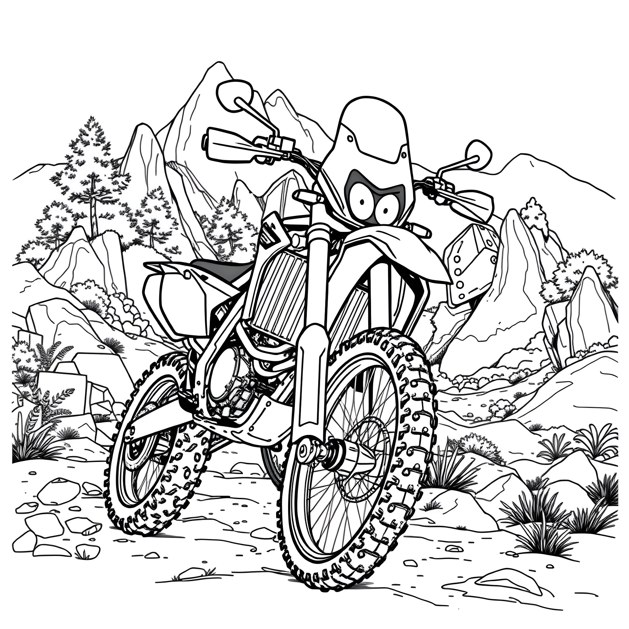 Yamaha WR450F racing through rugged terrain Coloring Page (free black-and-white line drawing printable PDF for all, from beginners to advanced learners, including children, teens, adults, and seniors)