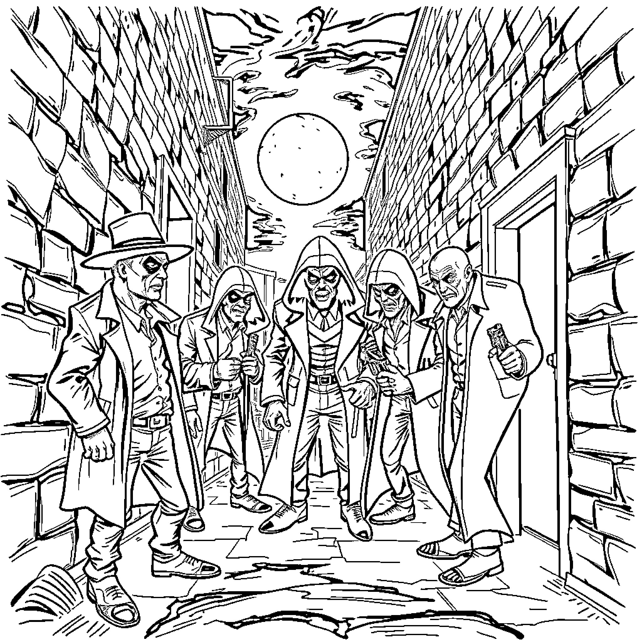 Villain Gathering in the Dark Alley Coloring Page (free black-and-white line drawing printable PDF for all, from beginners to advanced learners, including children, teens, adults, and seniors)