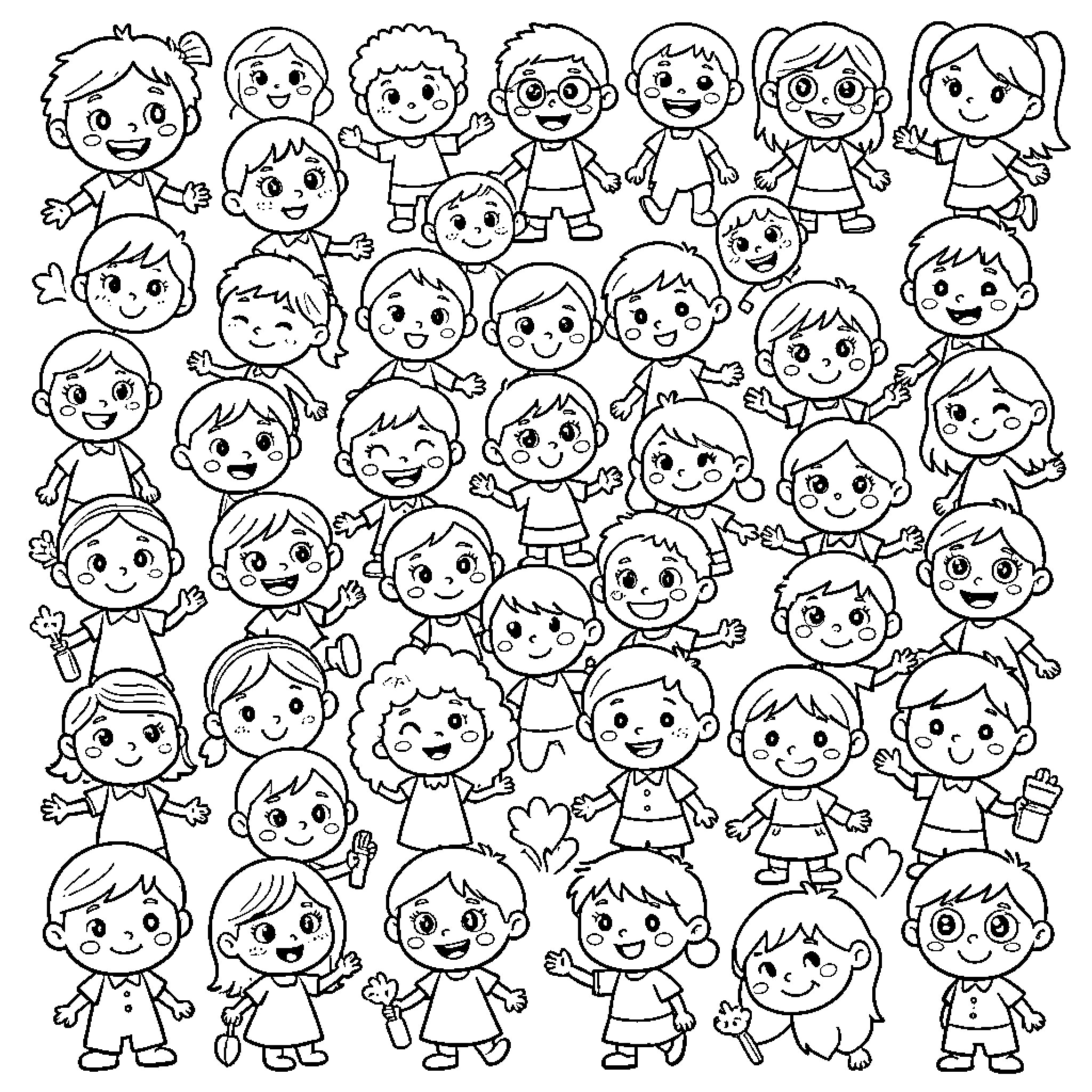 Decenas de niños sonriendo y saludando alegremente Coloring Page (free black-and-white line drawing printable PDF for all, from beginners to advanced learners, including children, teens, adults, and seniors)