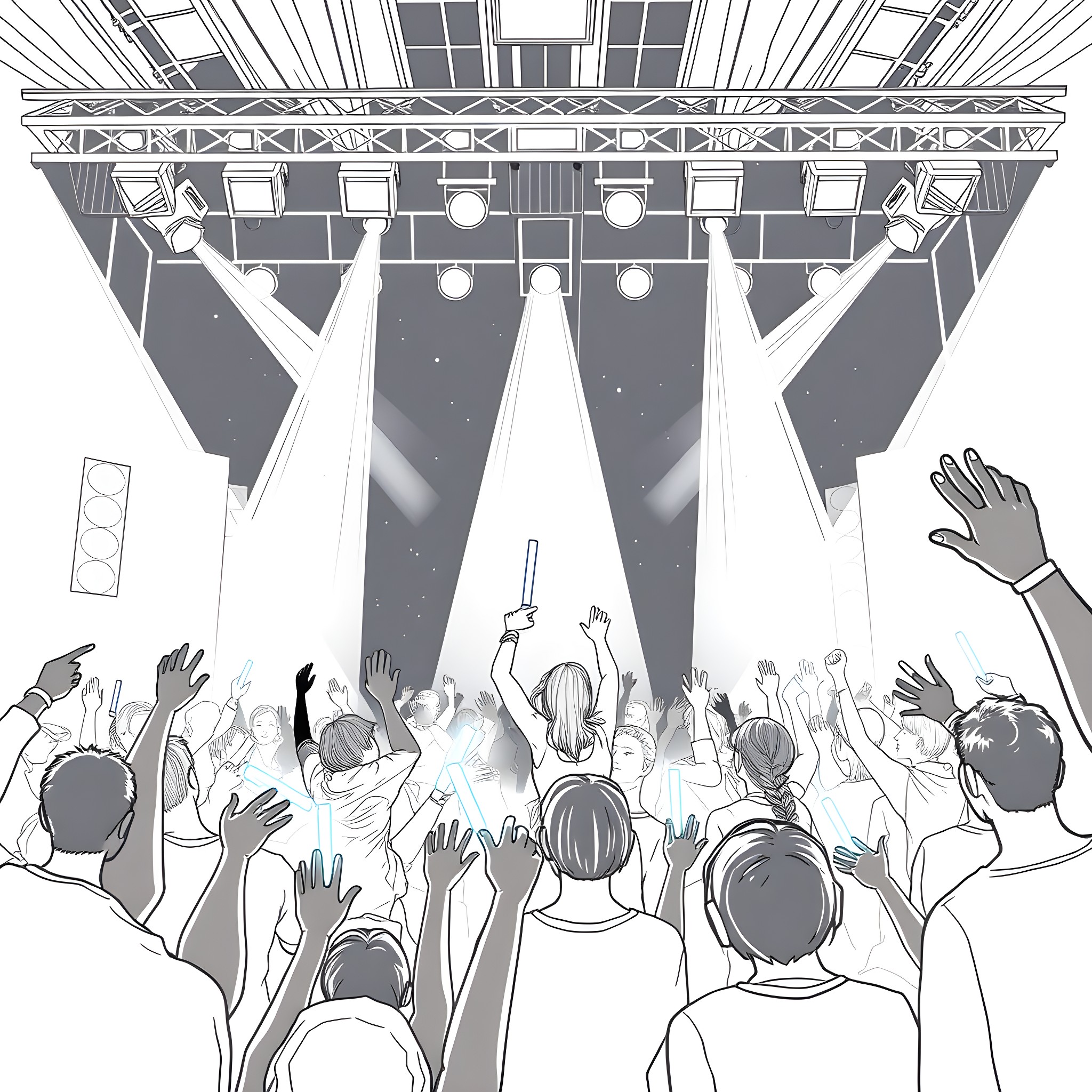 Kpop concert with energetic crowd and stage lights Coloring Page (free black-and-white line drawing printable PDF for all, from beginners to advanced learners, including children, teens, adults, and seniors)