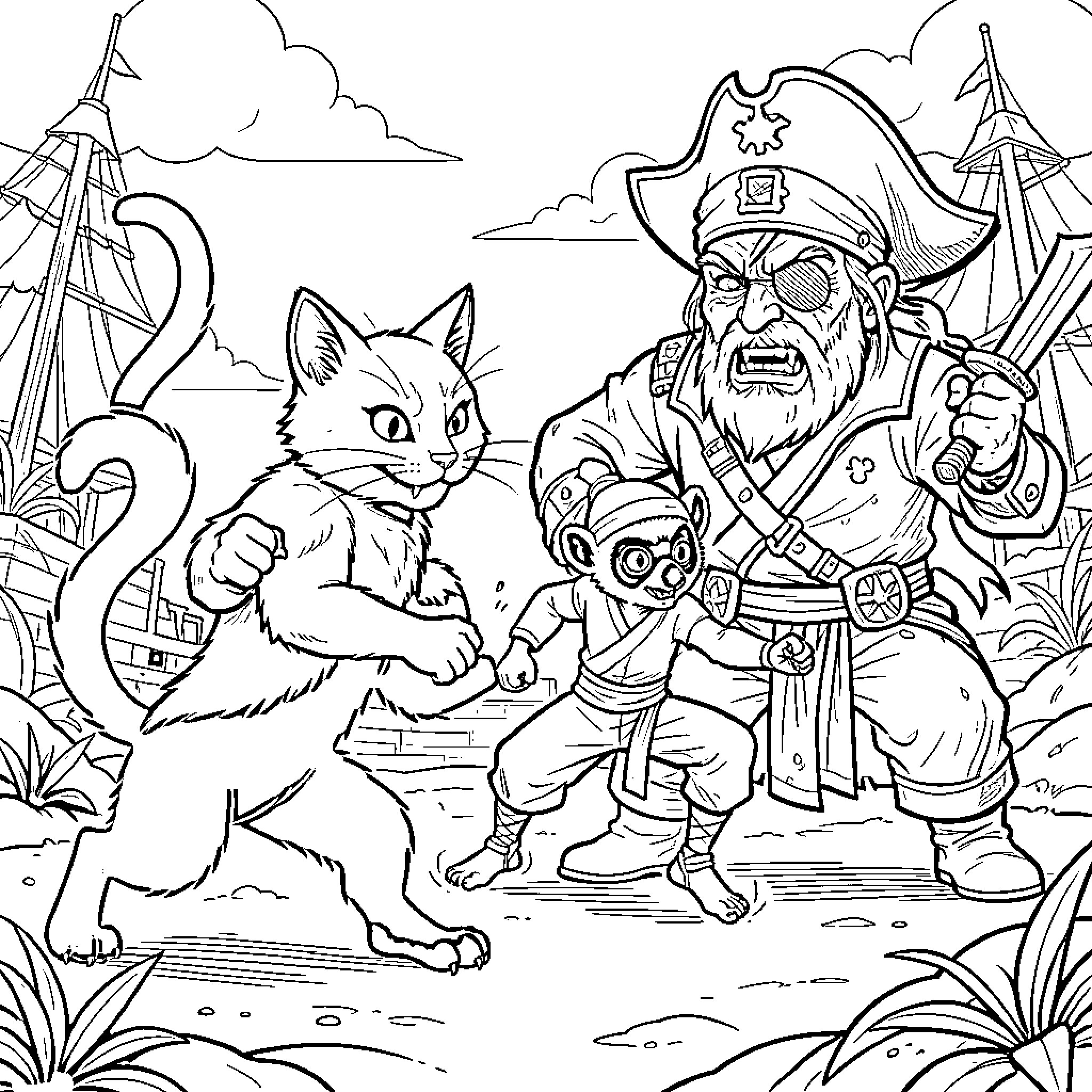 Demon Cat Faces Off Against Pirate Captain Coloring Page (free black-and-white line drawing printable PDF for all, from beginners to advanced learners, including children, teens, adults, and seniors)