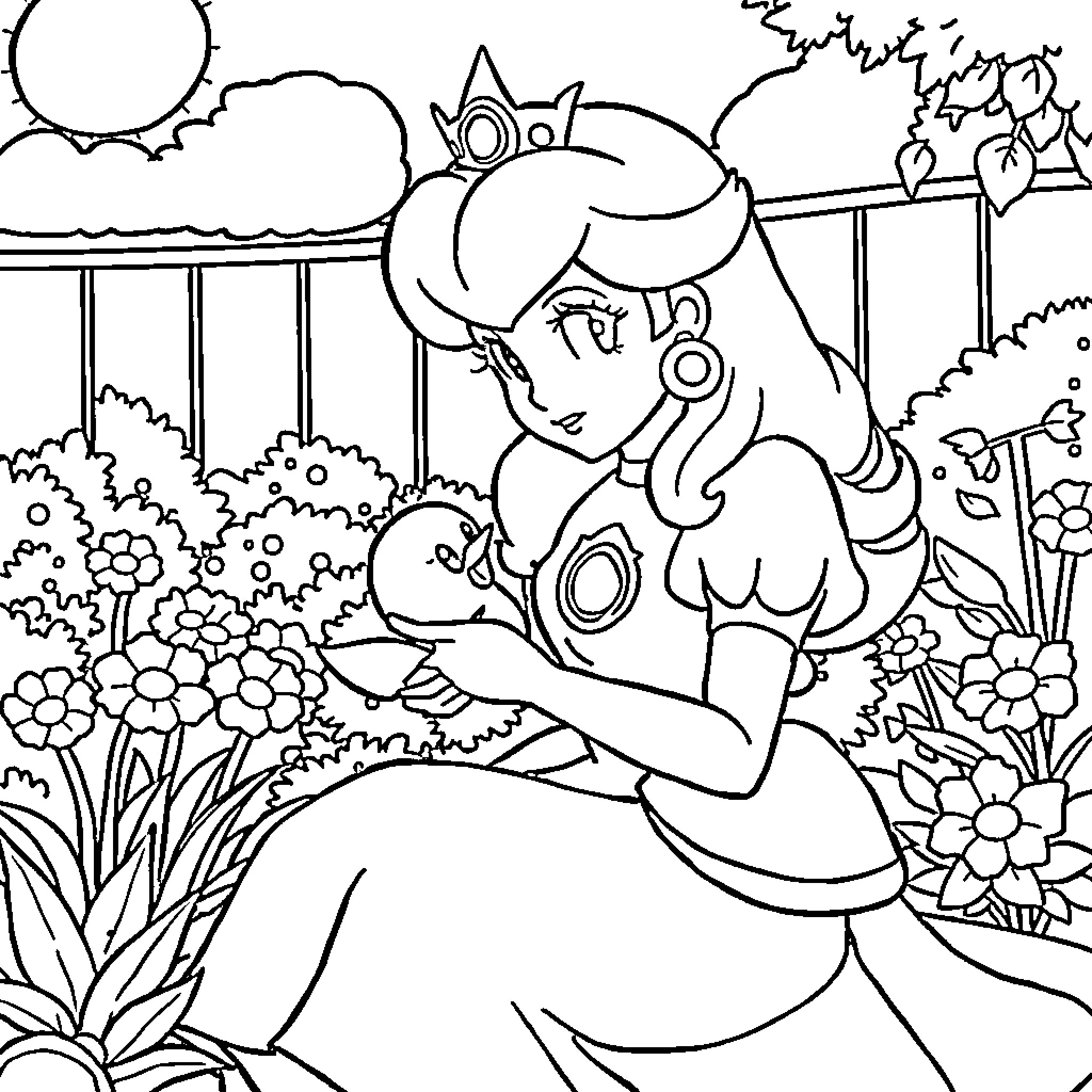 Princess enjoying the beauty of nature Coloring Page (free black-and-white line drawing printable PDF for all, from beginners to advanced learners, including children, teens, adults, and seniors)