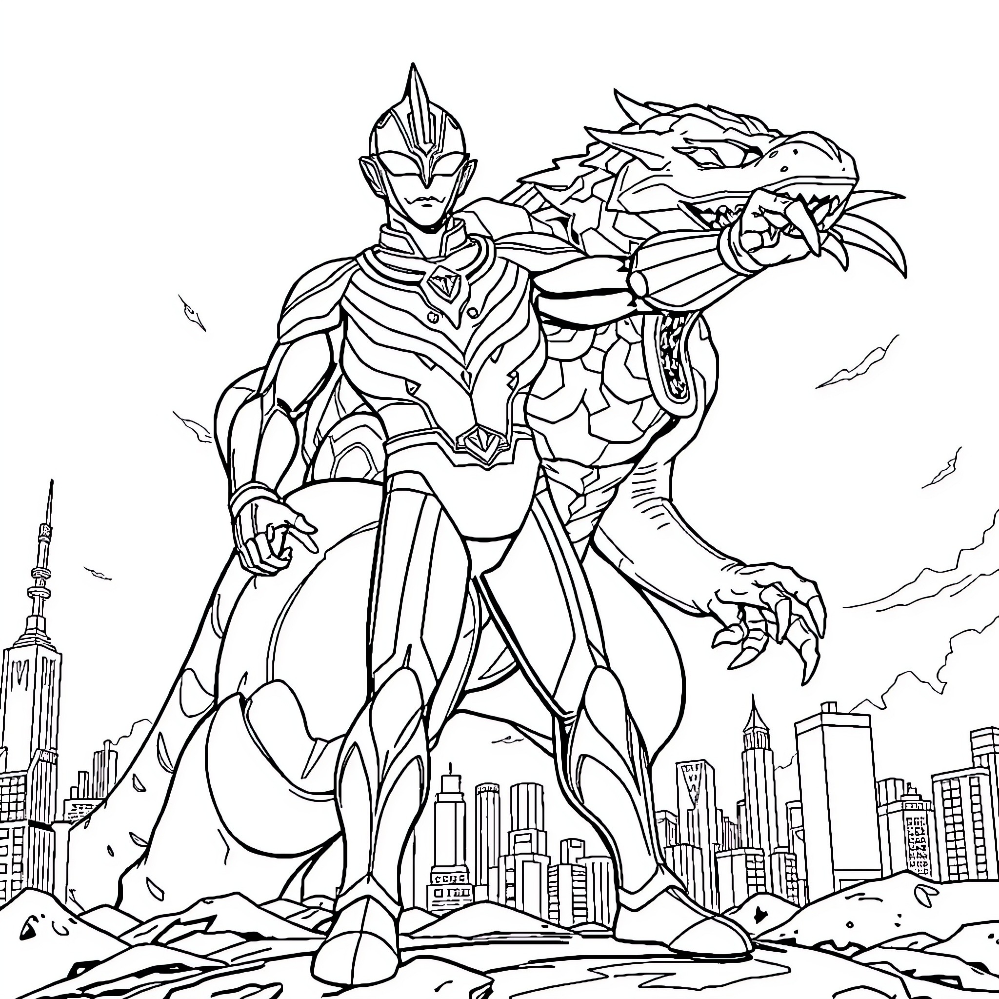 Ultraman Battles a Monstrous Foe in the City Coloring Page (free black-and-white line drawing printable PDF for all, from beginners to advanced learners, including children, teens, adults, and seniors)