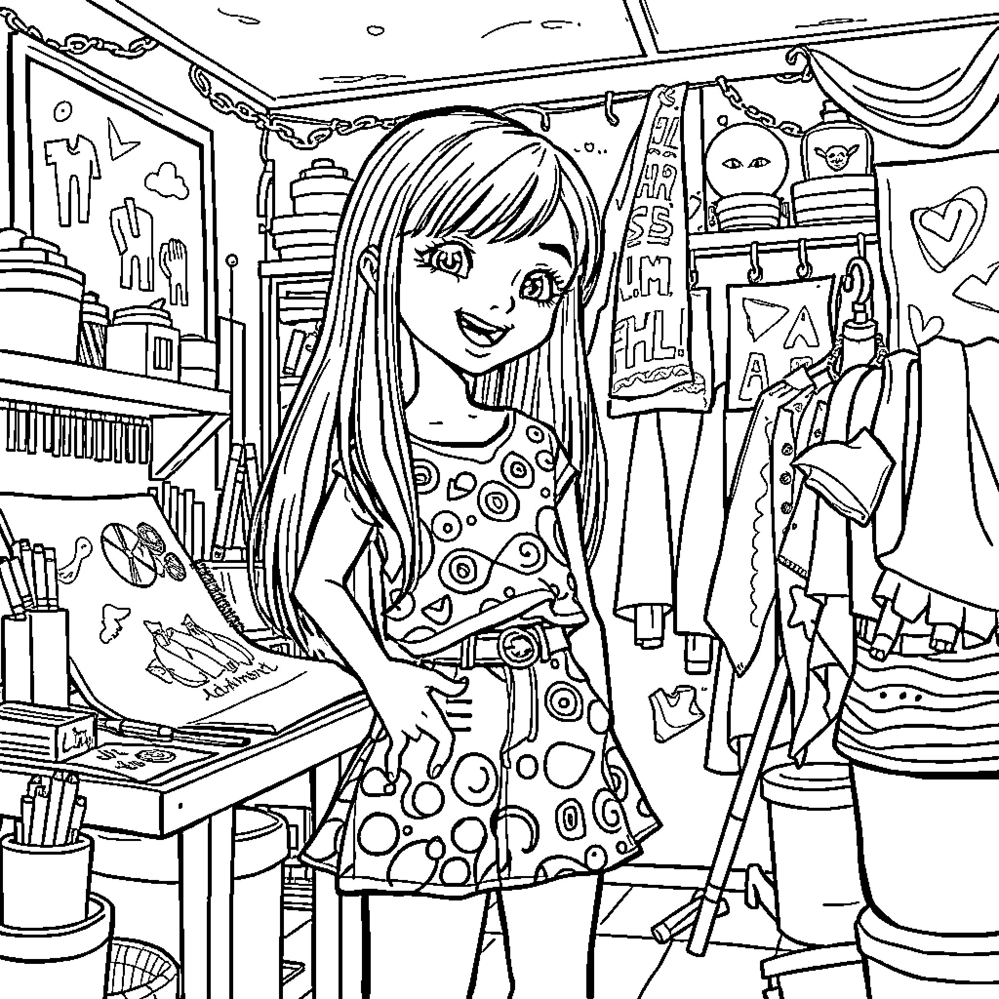 Girl in a Colorful Studio Exploring Art Coloring Page (free black-and-white line drawing printable PDF for all, from beginners to advanced learners, including children, teens, adults, and seniors)